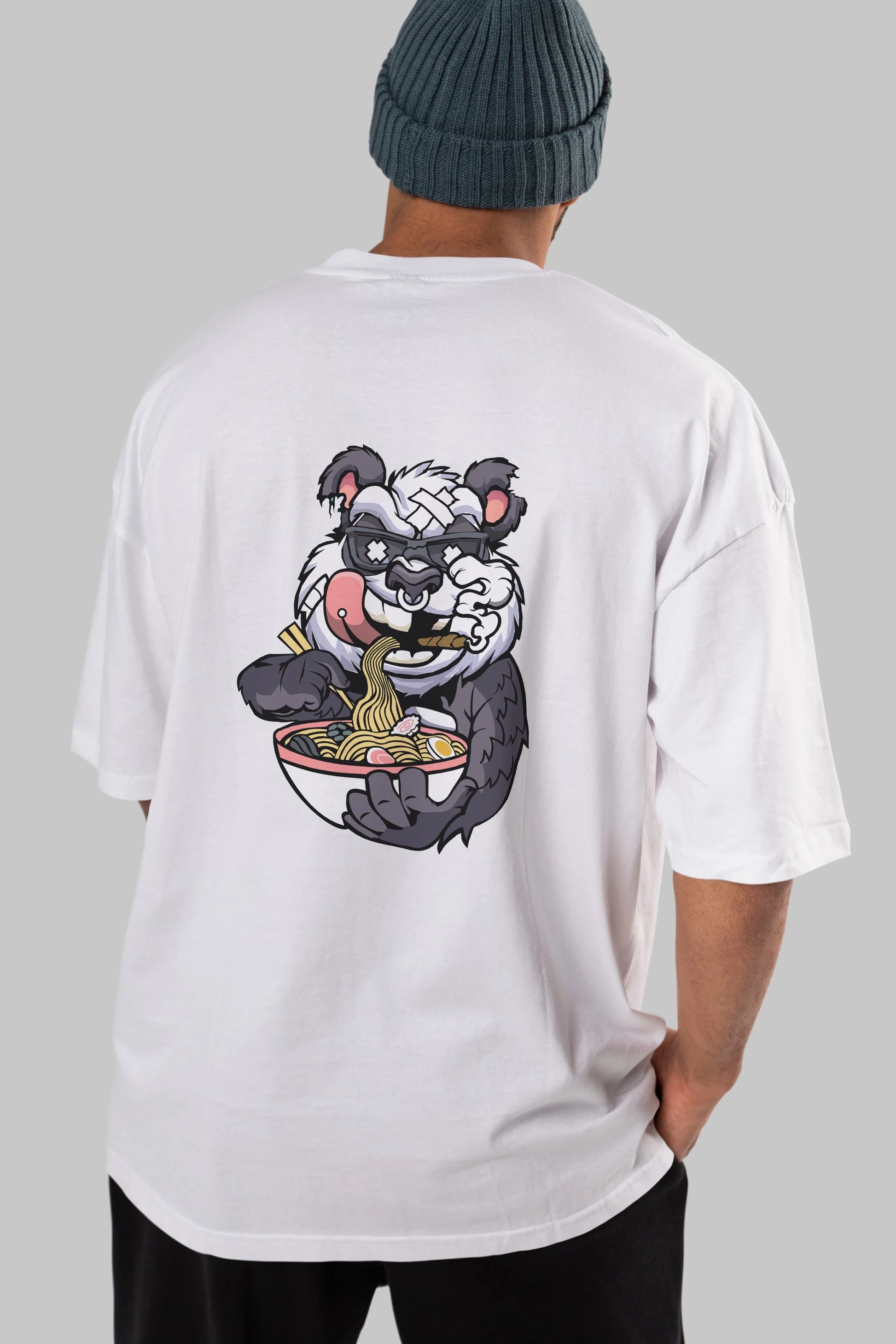 Panda Ramen Arka Baskılı Oversize t-shirt Erkek Kadın Unisex %100 Pamuk tişort