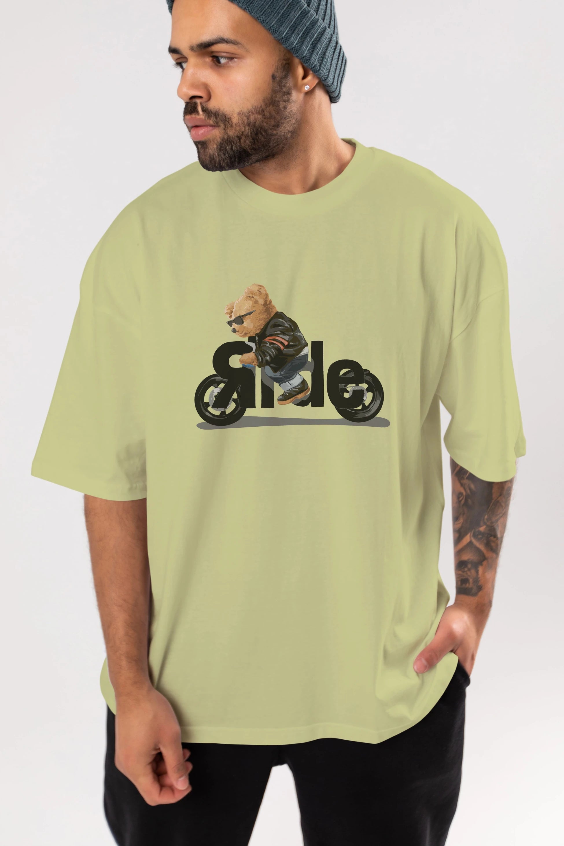 Teddy Bear Ride Ön Baskılı Oversize t-shirt Erkek Kadın Unisex %100 Pamuk