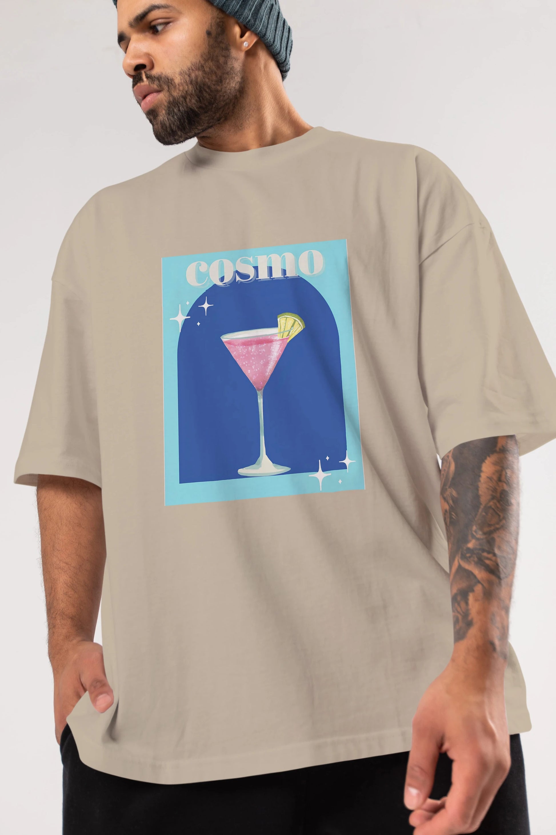 Cosmopolitan 2 Ön Baskılı Oversize t-shirt Erkek Kadın Unisex %100 Pamuk Bisiklet Yaka tişort