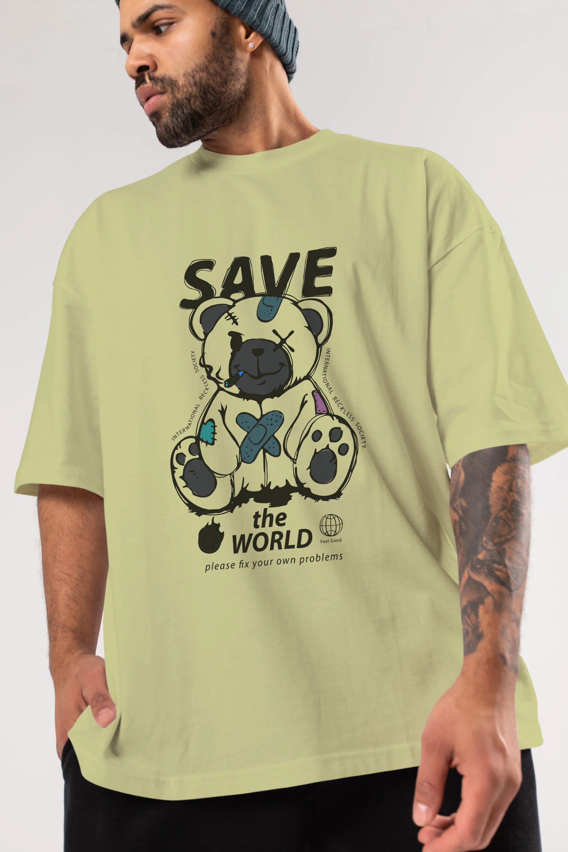 Save the World Bear Ön Baskılı Oversize t-shirt Erkek Kadın Unisex