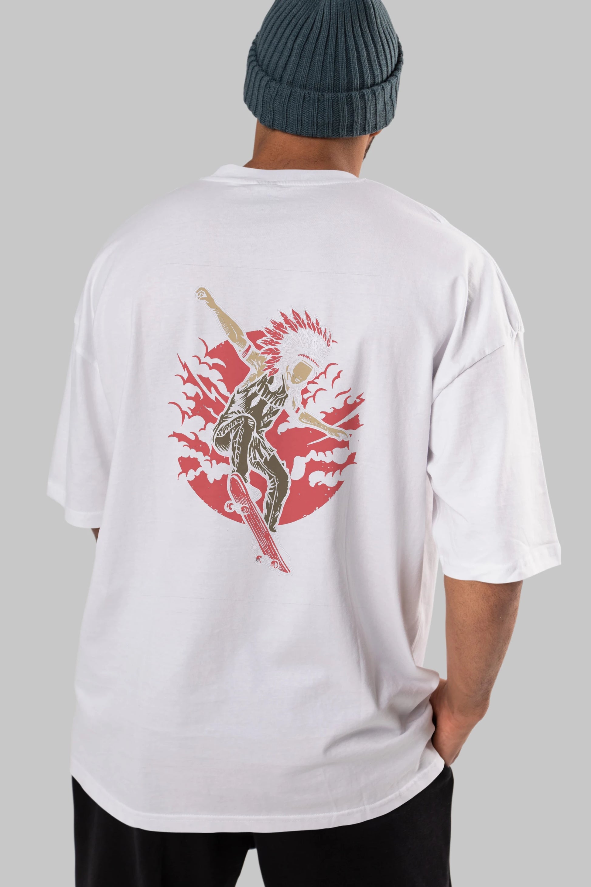 Indian Chief Skateboard Arka Baskılı Oversize t-shirt Erkek Kadın Unisex %100 Pamuk