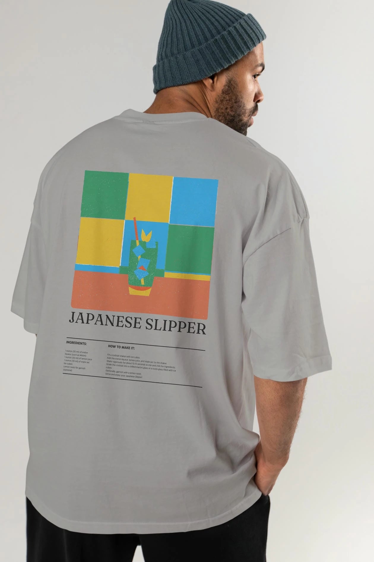 Japanese Slipper Kokteyl Serisi Arka Baskılı Oversize t-shirt Erkek Kadın %100 Pamuk Bisiklet Yaka tişort