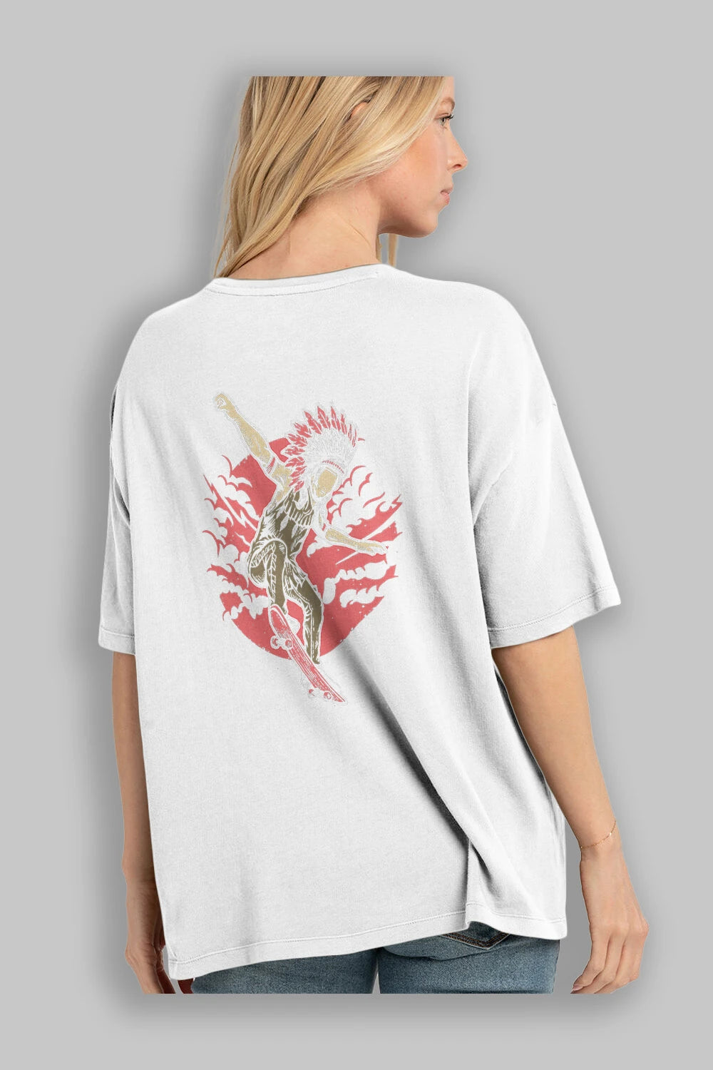 Indian Chief Skateboard Arka Baskılı Oversize t-shirt Erkek Kadın Unisex %100 Pamuk