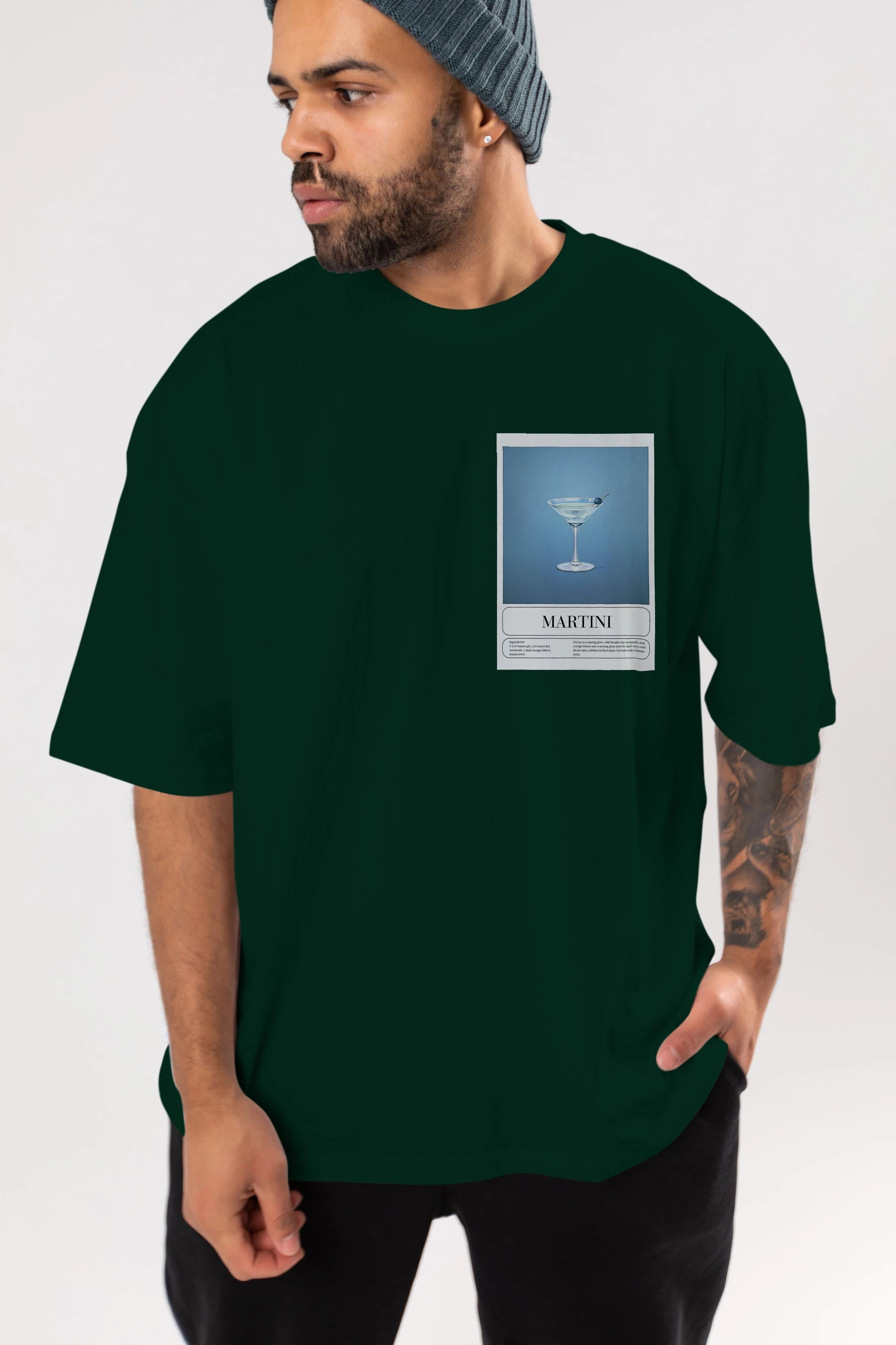 Martini Ön Sol Baskılı Oversize t-shirt Erkek Kadın Unisex %100 Pamuk Bisiklet Yaka tişort