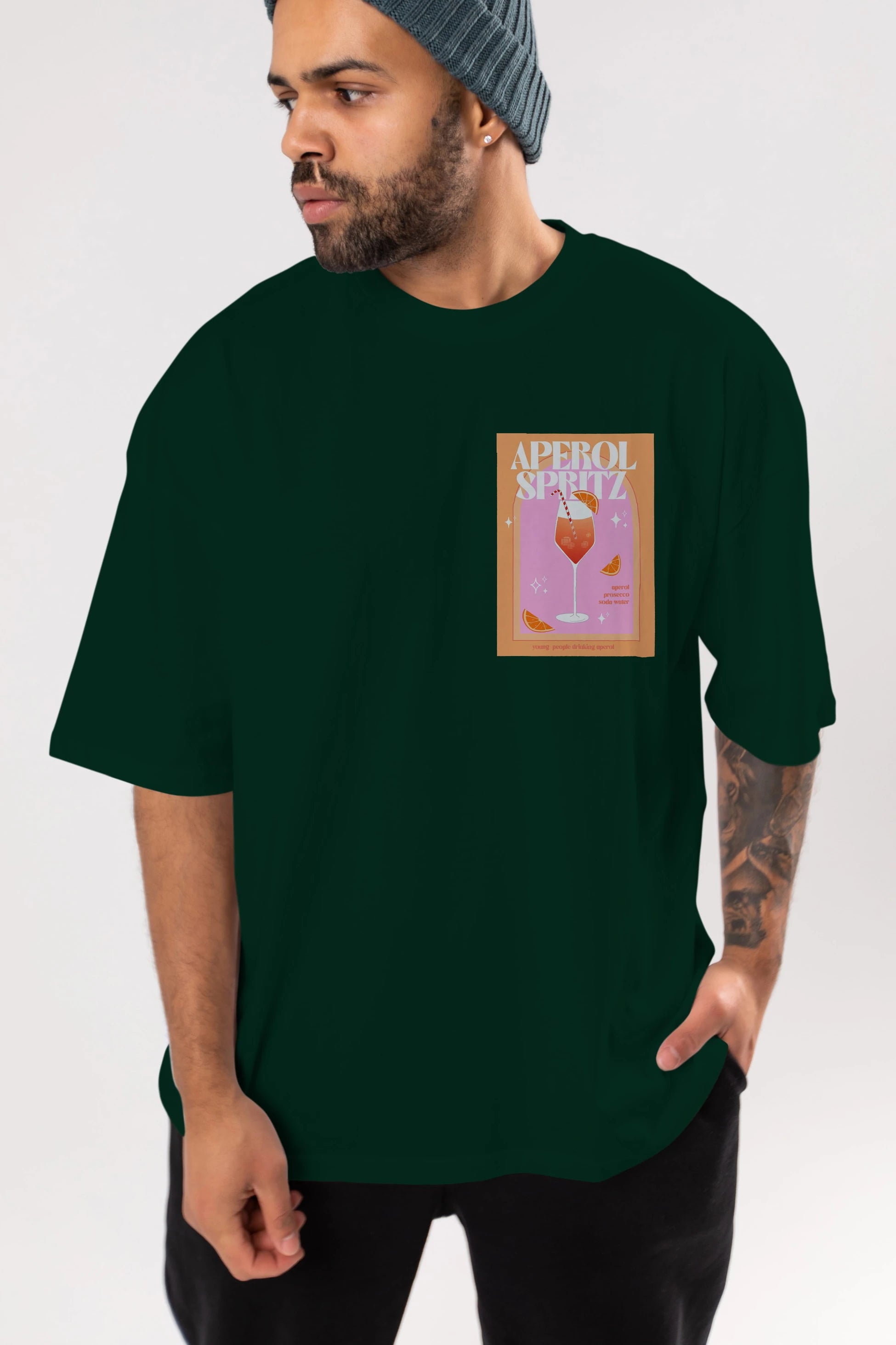 Aperol Spritz 2 Ön Sol Baskılı Oversize t-shirt Erkek Kadın Unisex %100 Pamuk Bisiklet Yaka tişort