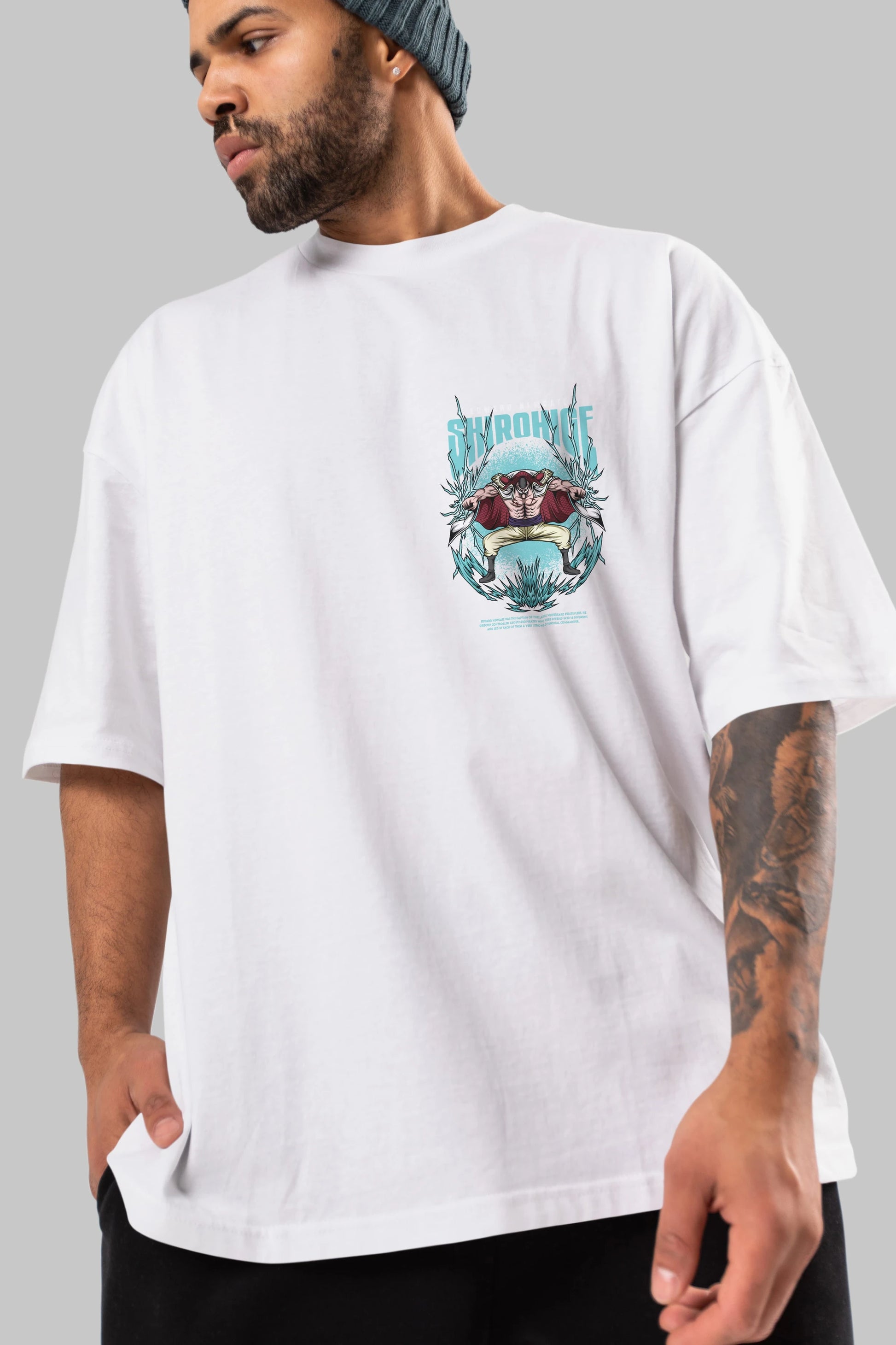 Shirohige Ön Sol Baskılı Oversize t-shirt Erkek Kadın Unisex %100 Pamuk Bisiklet Yaka tişort