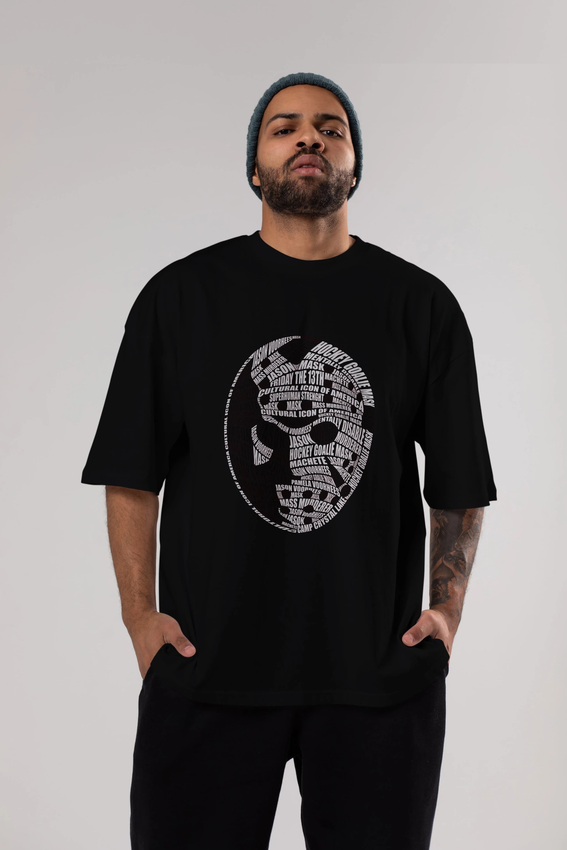 Jason Voorhees Calligram Ön Baskılı Oversize t-shirt %100 pamuk Erkek Kadın Unisex