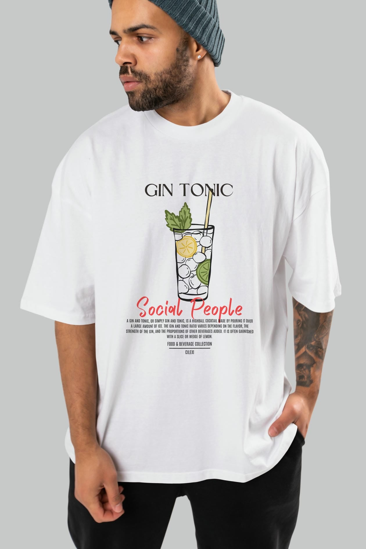Gın Tonıc Kokteyl Serisi ön Baskılı Oversize t-shirt Erkek Kadın %100 Pamuk Bisiklet Yaka tişort