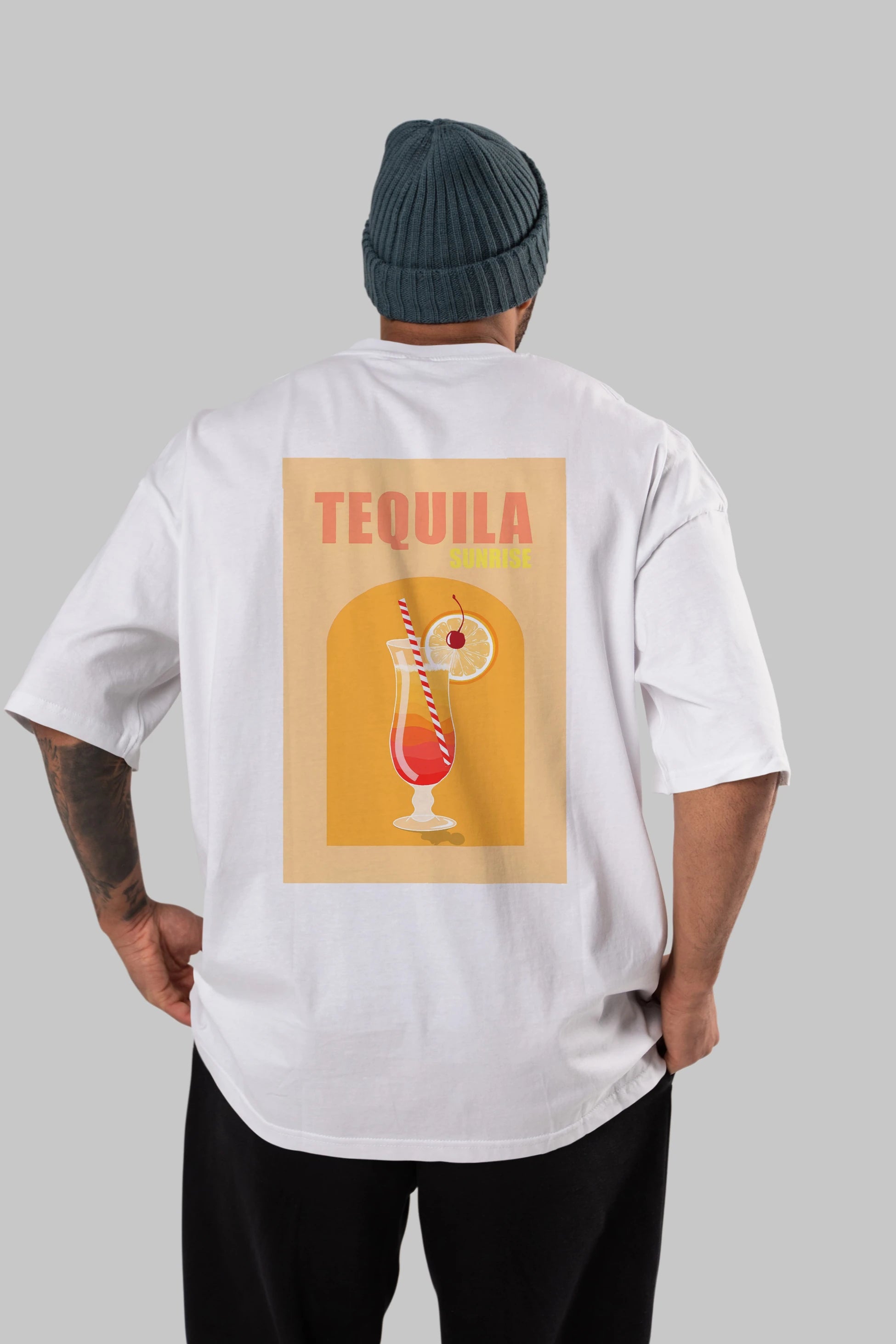 Tequila Sunrise Arka Baskılı Oversize t-shirt Erkek Kadın Unisex %100 Pamuk Bisiklet Yaka tişort