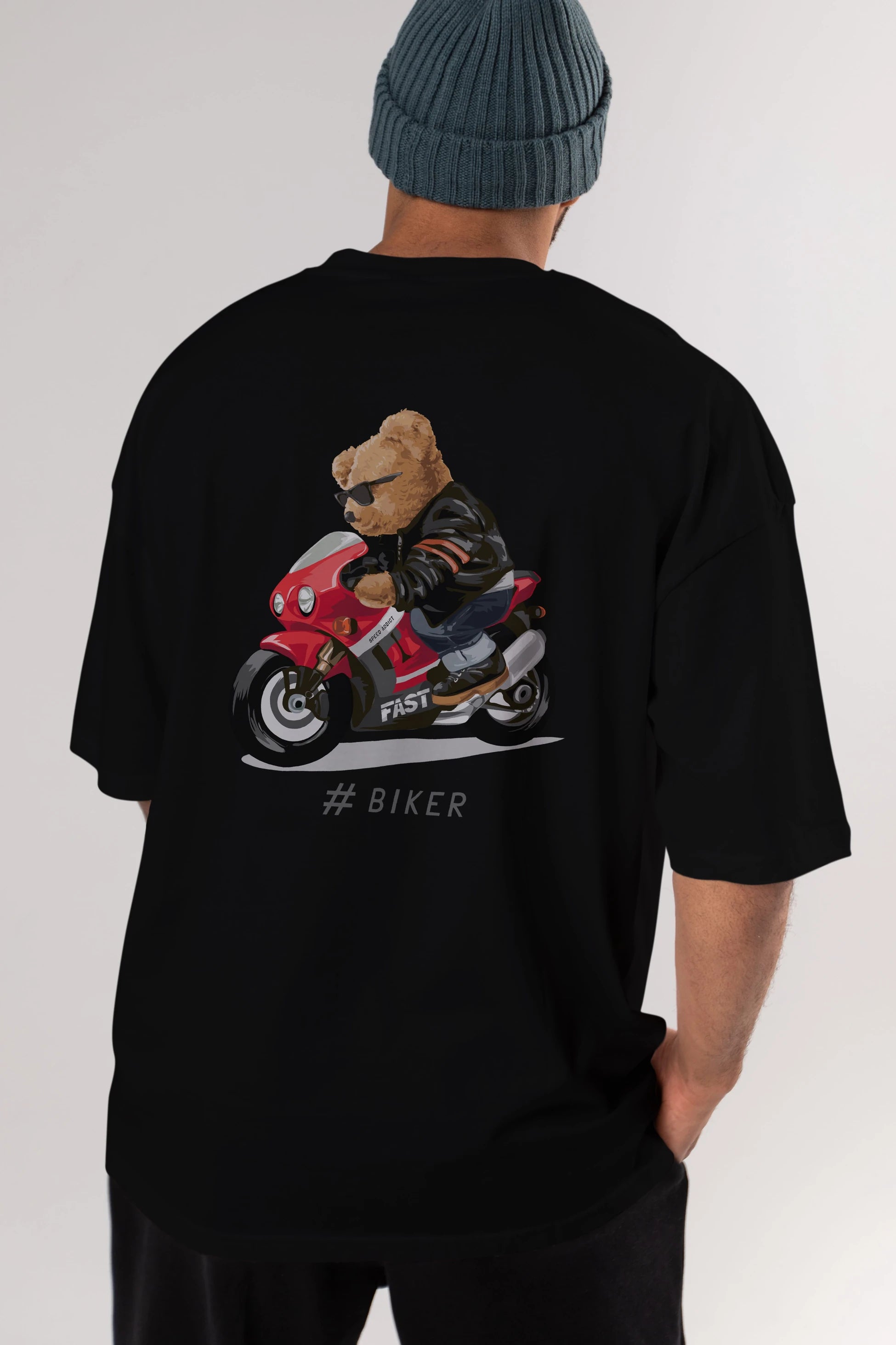 Teddy Bear Biker Arka Baskılı Oversize t-shirt Erkek Kadın Unisex %100 Pamuk