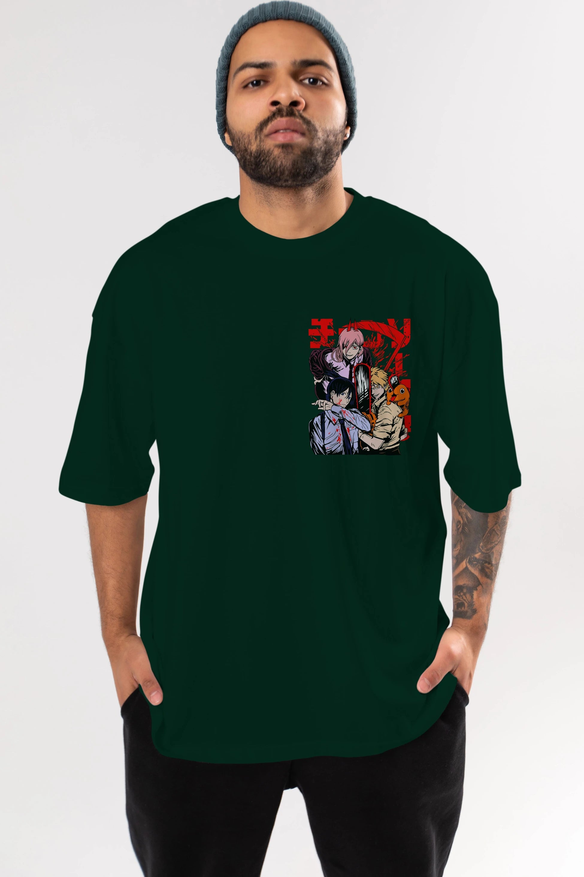 CHAINSAWMAN CREW Ön Sol Baskılı Oversize t-shirt Erkek Kadın Unisex %100 Pamuk Bisiklet Yaka tişort
