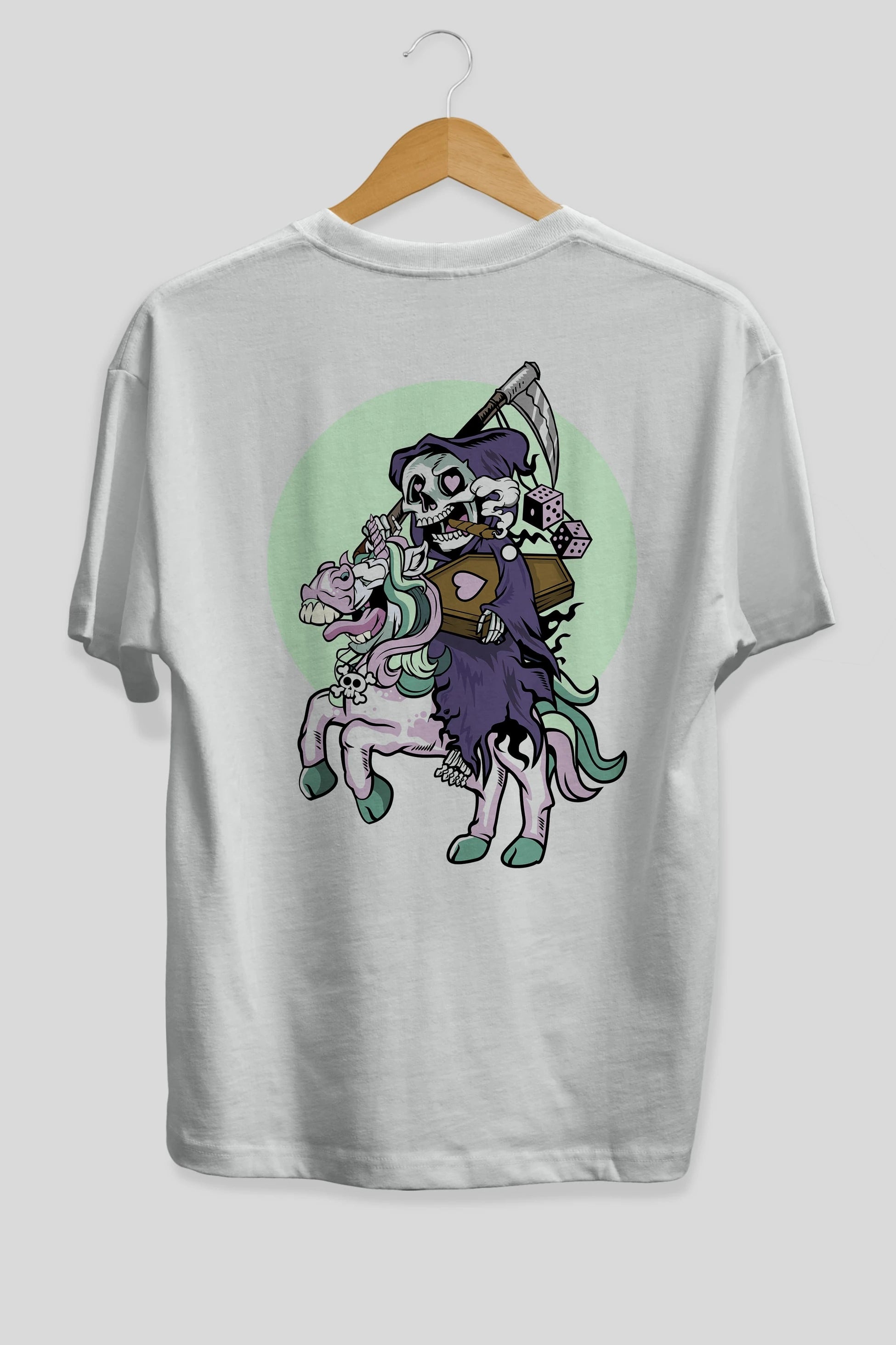 Grim Reaper Riding Unicorn Arka Baskılı Oversize t-shirt Erkek Kadın Unisex %100 Pamuk tişort
