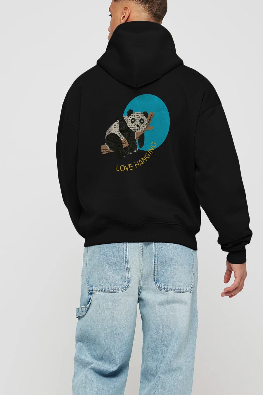 Panda Love Hanging Arka Baskılı Oversize Hoodie Kapüşonlu Sweatshirt Erkek Kadın Unisex