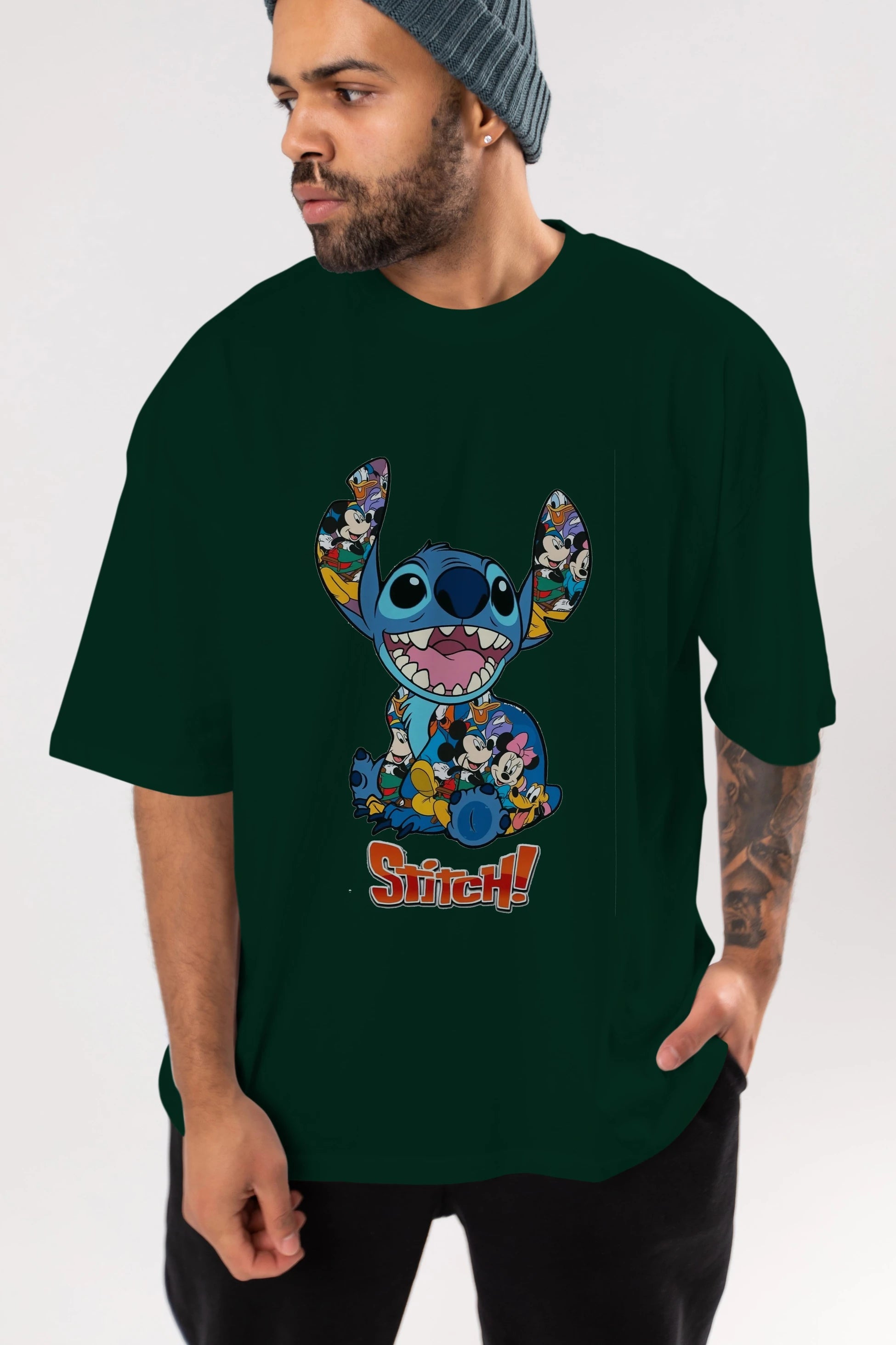 Stitch Ön Baskılı Oversize t-shirt Erkek Kadın Unisex %100 Pamuk Bisiklet Yaka tişort