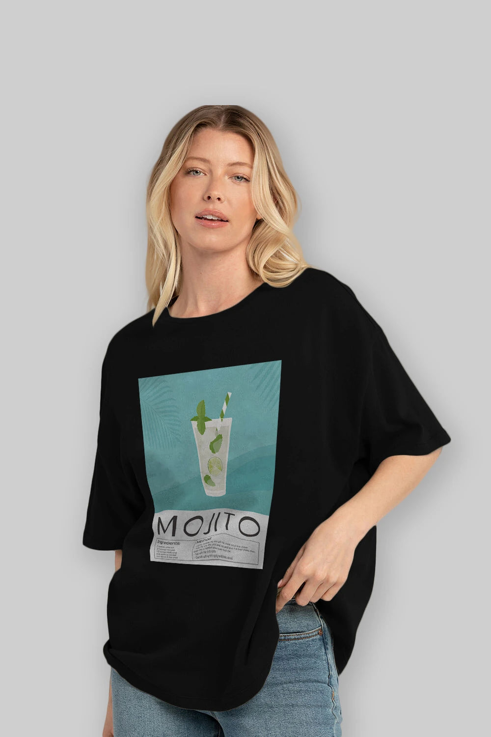 Mojito 4 Ön Baskılı Oversize t-shirt Erkek Kadın Unisex %100 Pamuk Bisiklet Yaka tişort
