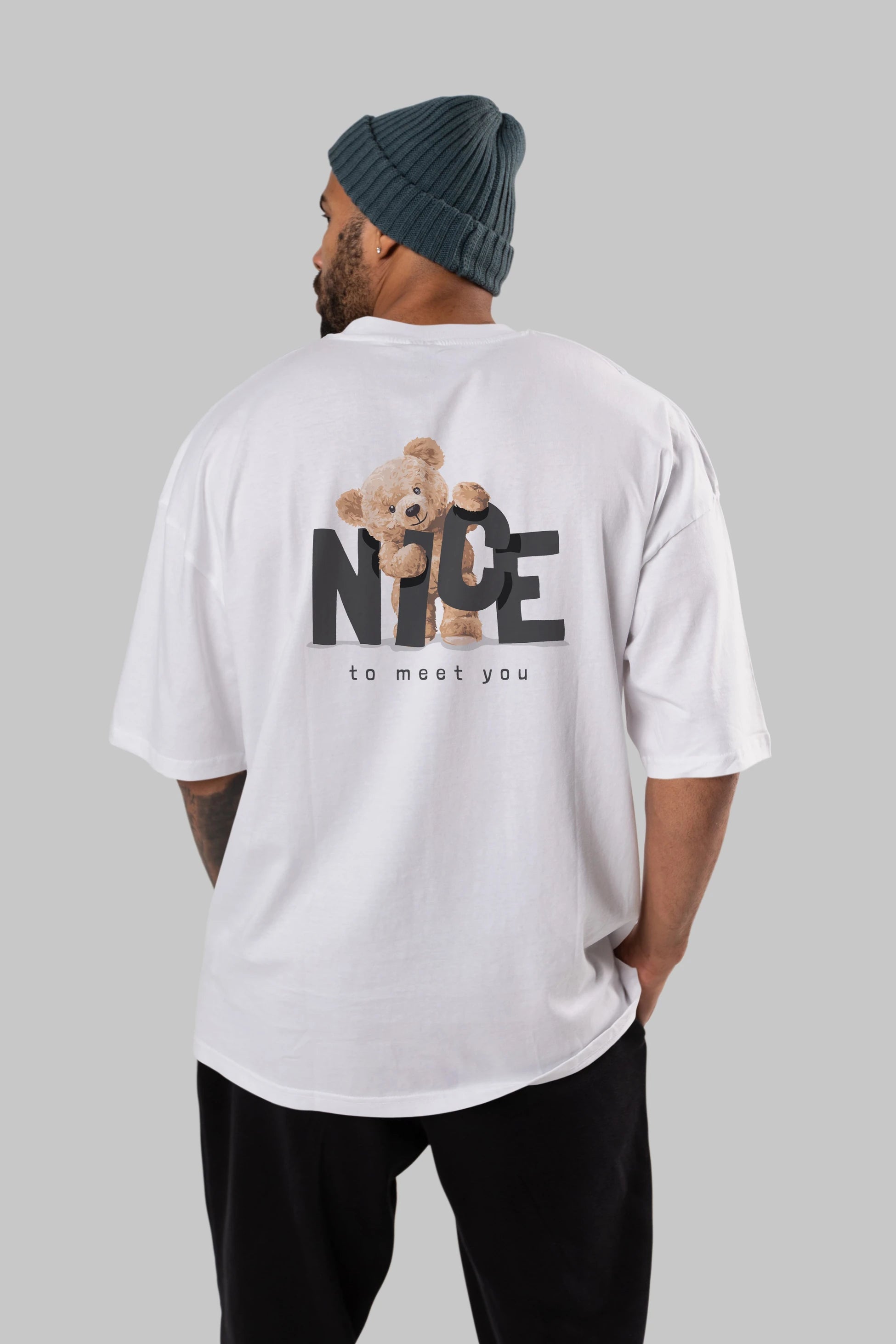 Teddy Nıce To Meet You Arka Baskılı Oversize t-shirt Erkek Kadın Unisex %100 Pamuk