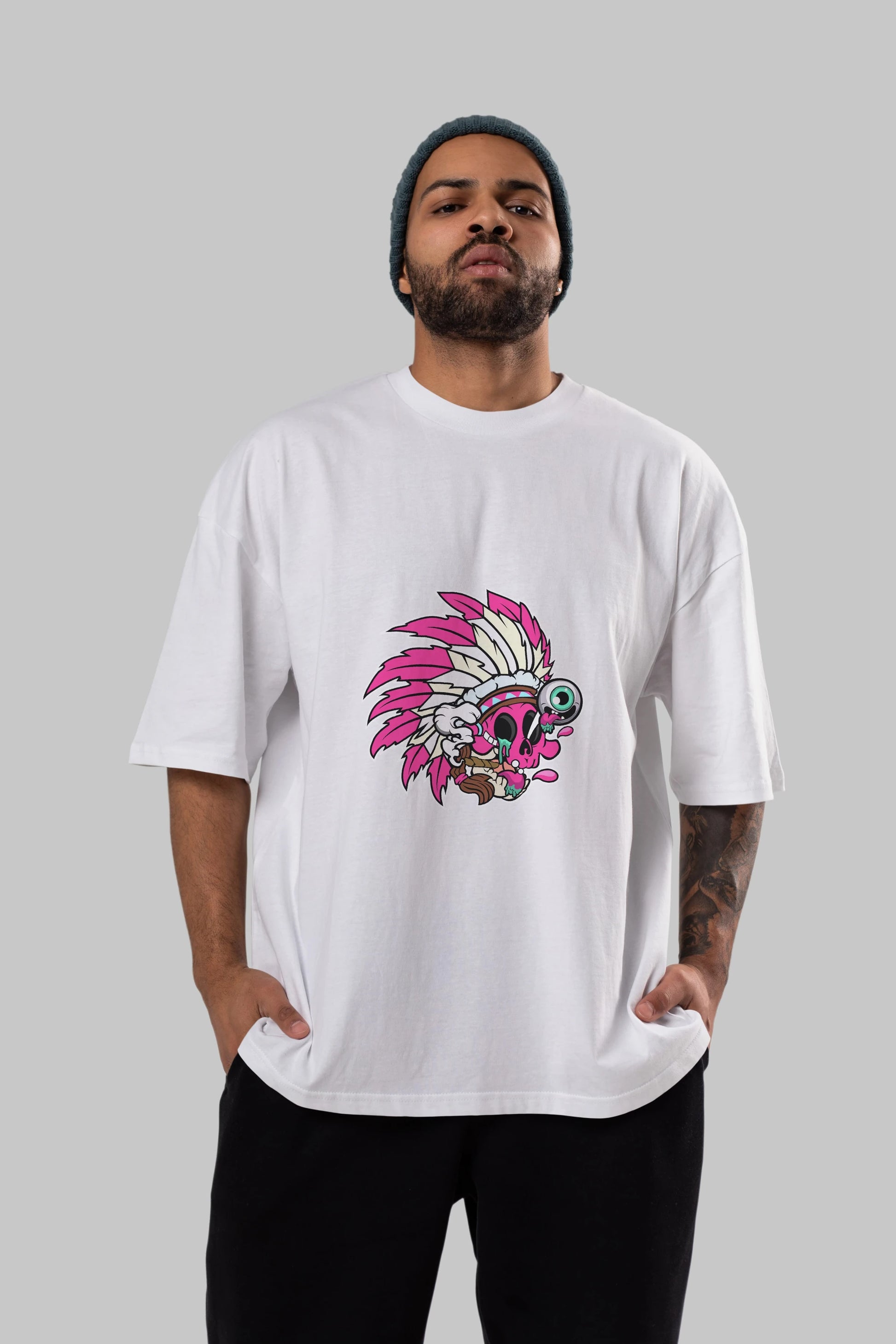 Skull Indian Ön Baskılı Oversize t-shirt Erkek Kadın Unisex %100 Pamuk tişort