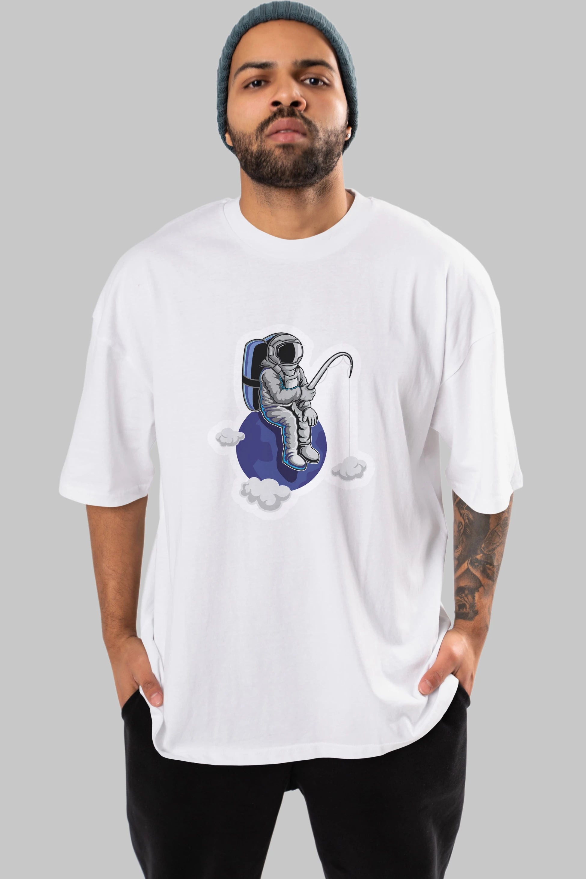 Astronaut Fishing Sticker Ön Baskılı Oversize t-shirt Erkek Kadın Unisex