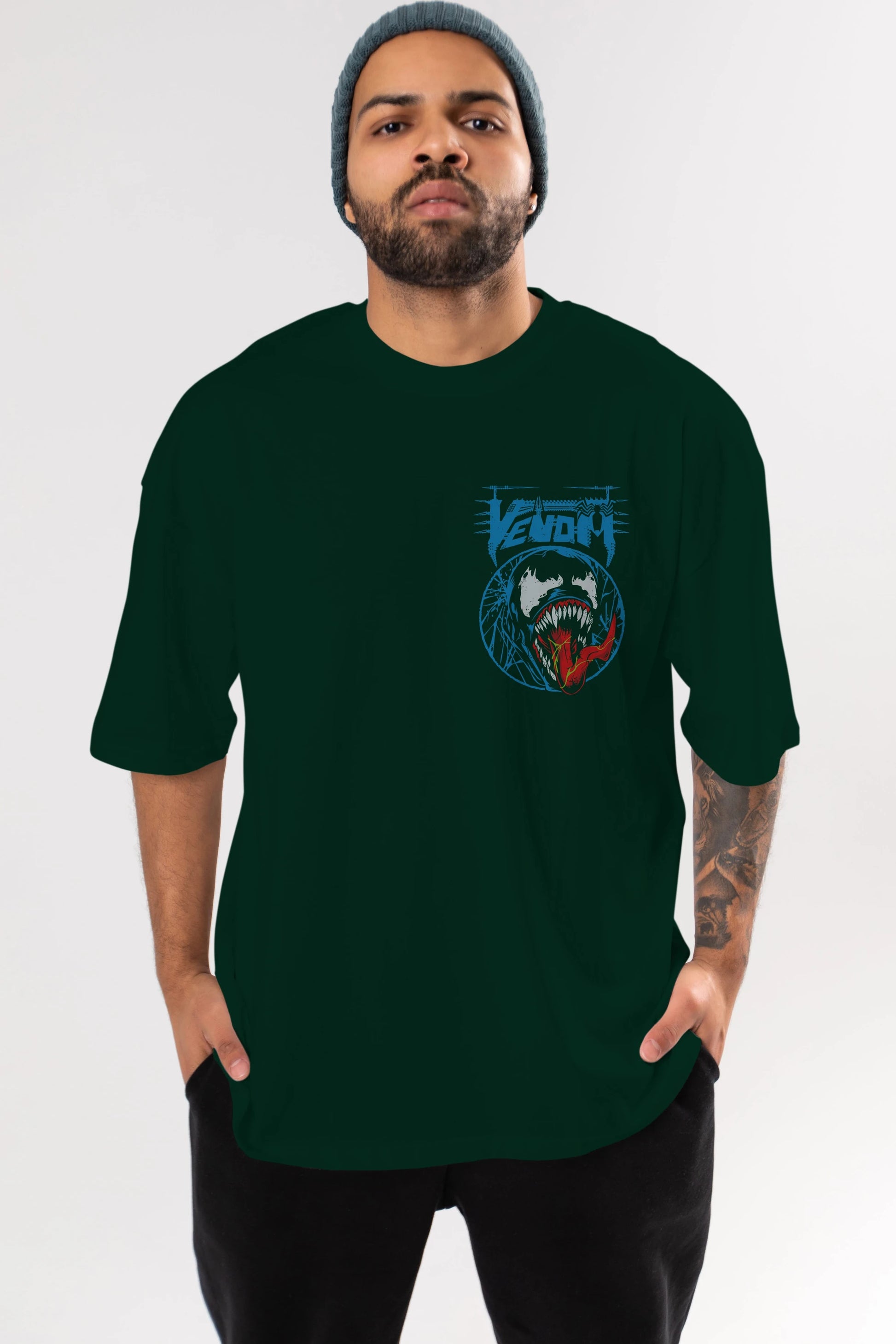 Venom (23) Ön Sol Baskılı Oversize t-shirt Erkek Kadın Unisex %100 Pamuk Bisiklet Yaka tişort