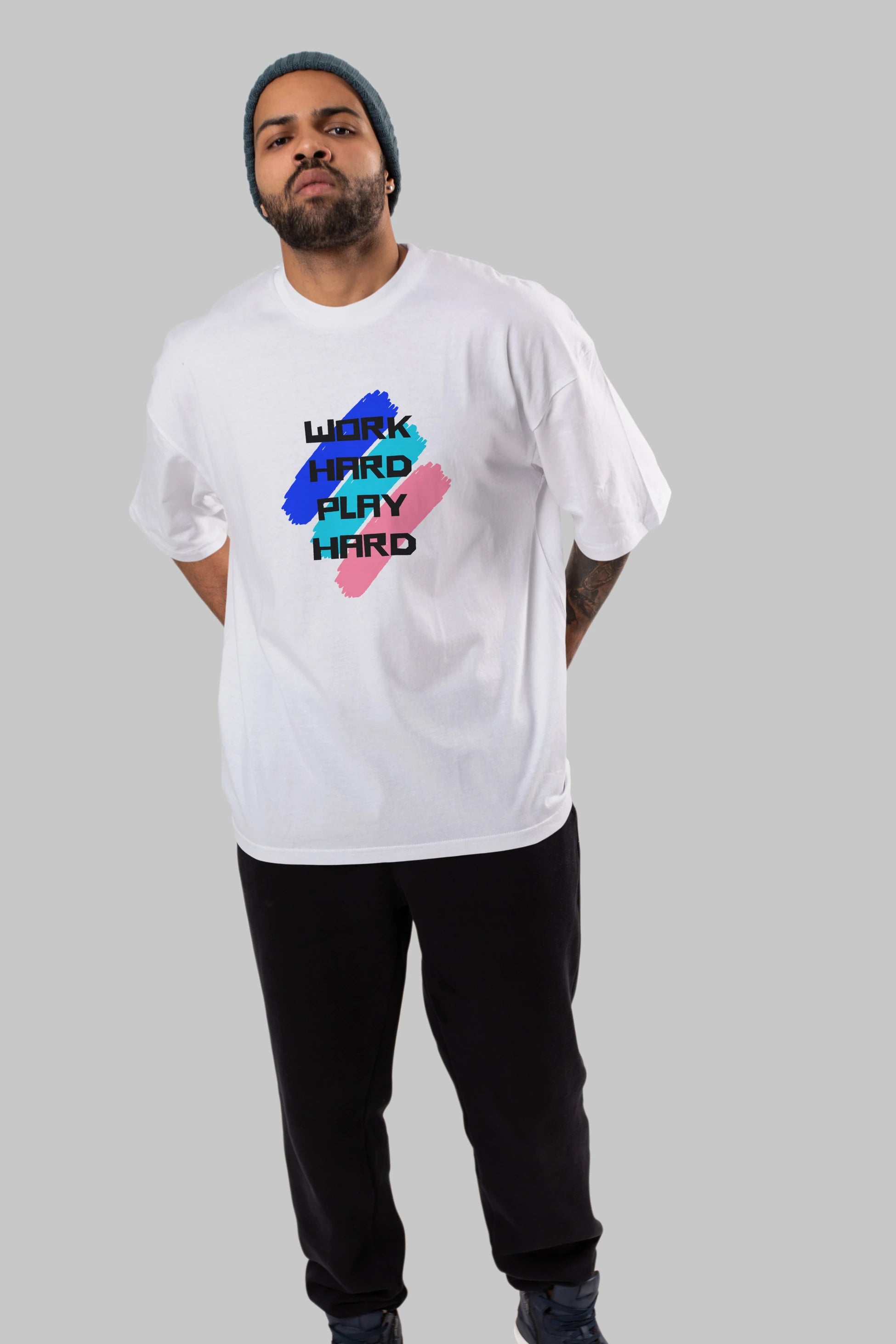Work Hard Play Hard 2 Ön Baskılı Oversize t-shirt Erkek Kadın Unisex