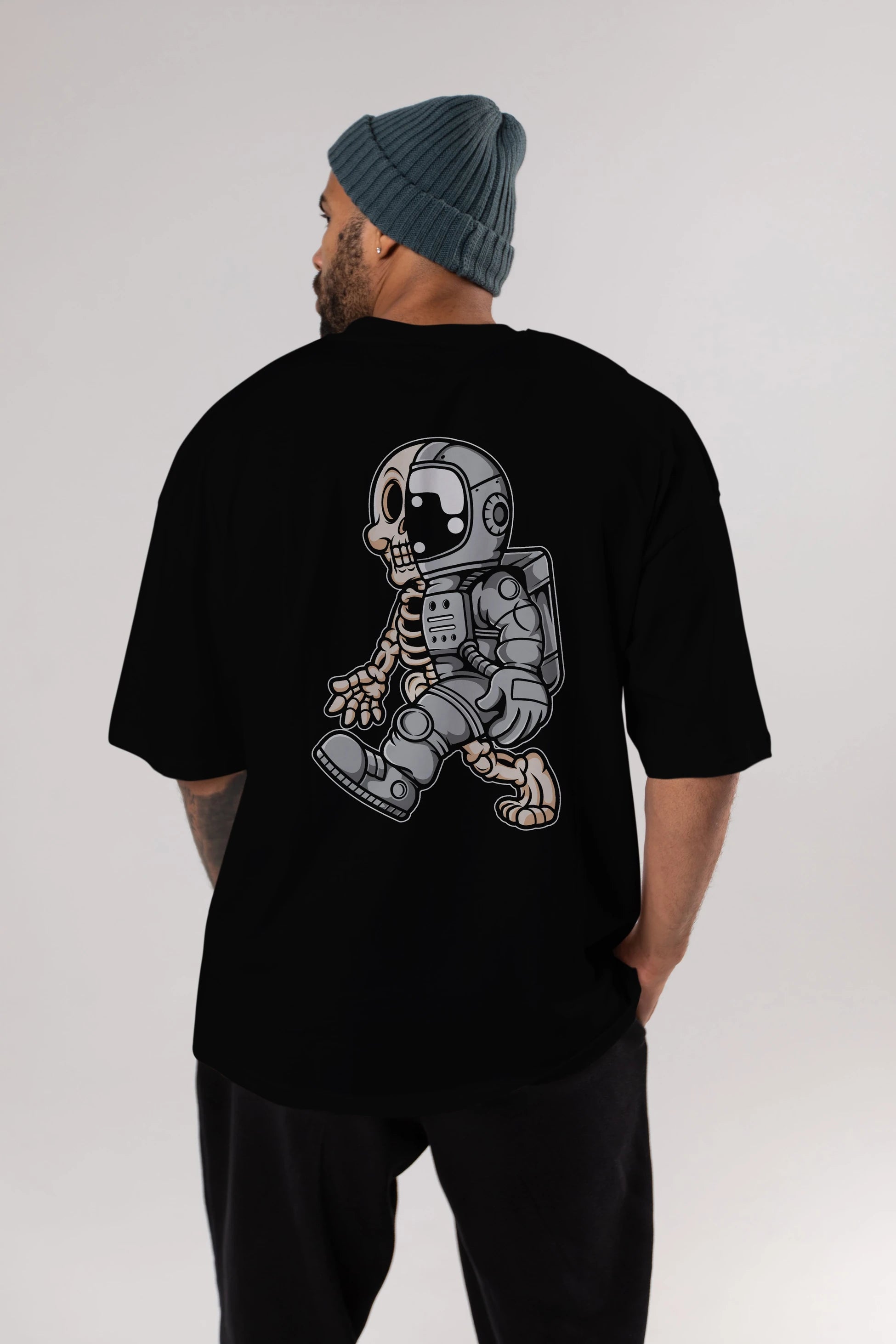 Astronaut Half Skull Arka Baskılı Oversize t-shirt Erkek Kadın Unisex