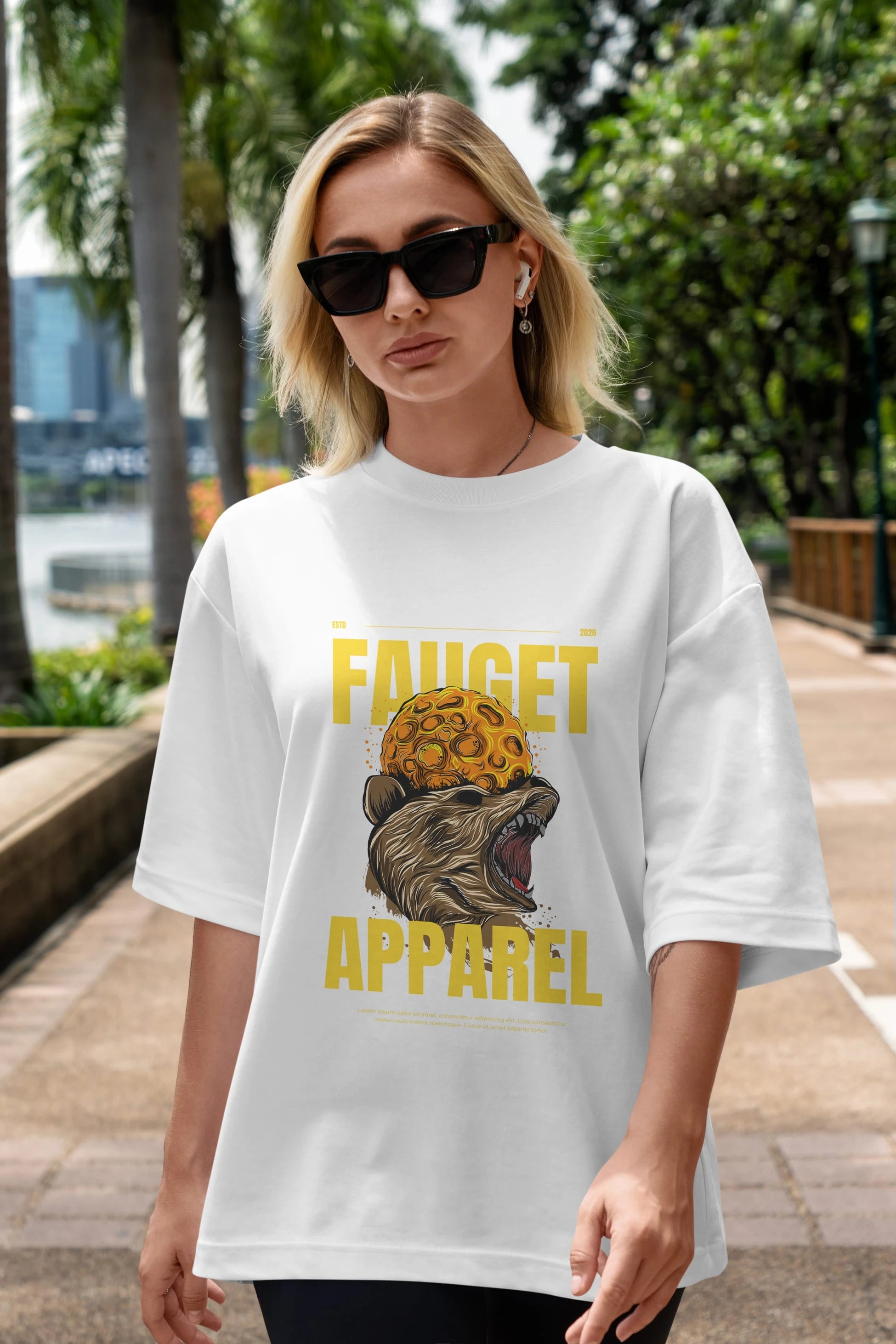 Bear Angry Fauget Apparel Ön Baskılı Oversize t-shirt Erkek Kadın Unisex