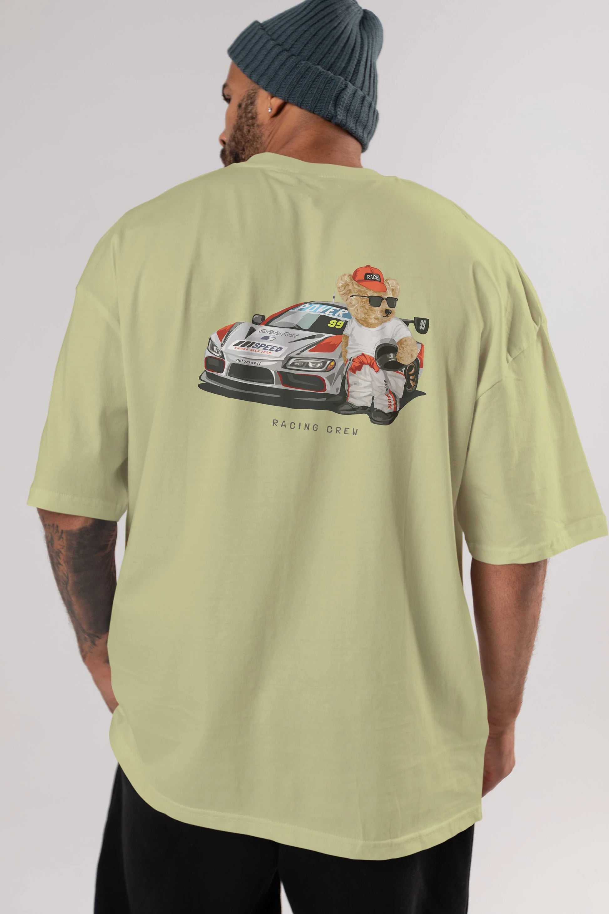 Teddy Bear Racing Crew Arka Baskılı Oversize t-shirt Erkek Kadın Unisex %100 Pamuk