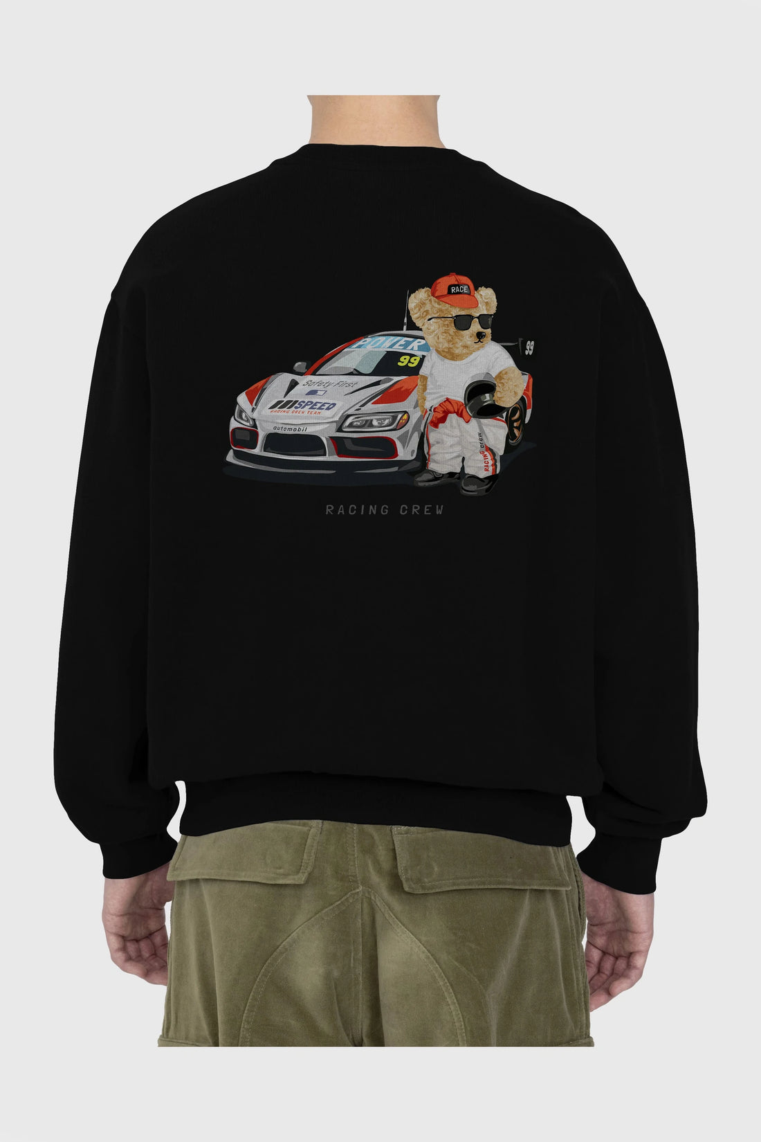 Teddy Bear Racing Crew Arka Baskılı Oversize Sweatshirt Erkek Kadın Unisex