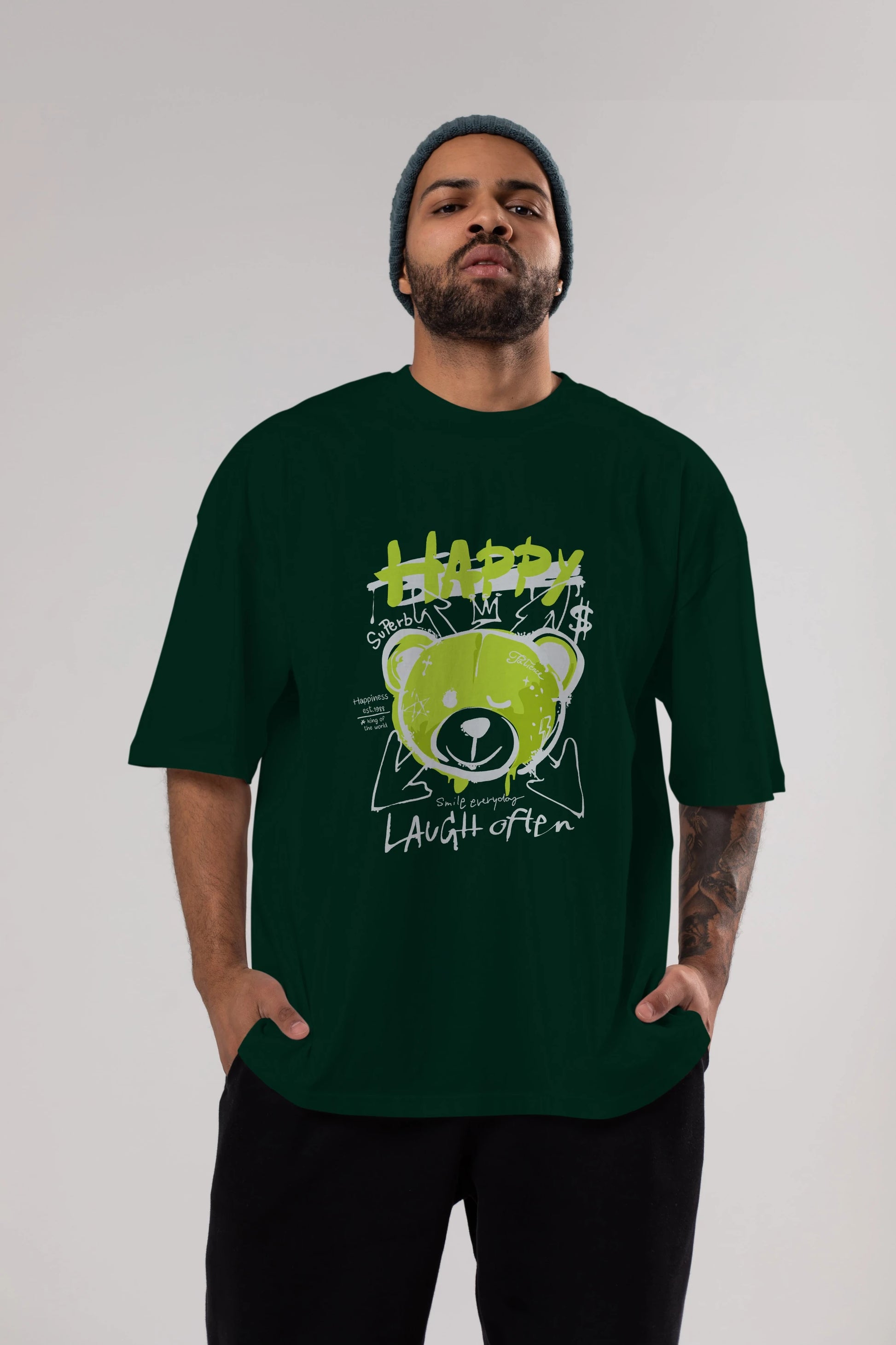 Happy Bear Ön Baskılı Oversize t-shirt Erkek Kadın Unisex