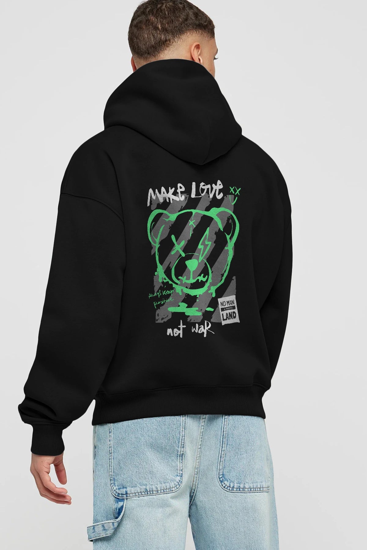 Make Love Bear Arka Baskılı Hoodie Oversize Kapüşonlu Sweatshirt Erkek Kadın Unisex