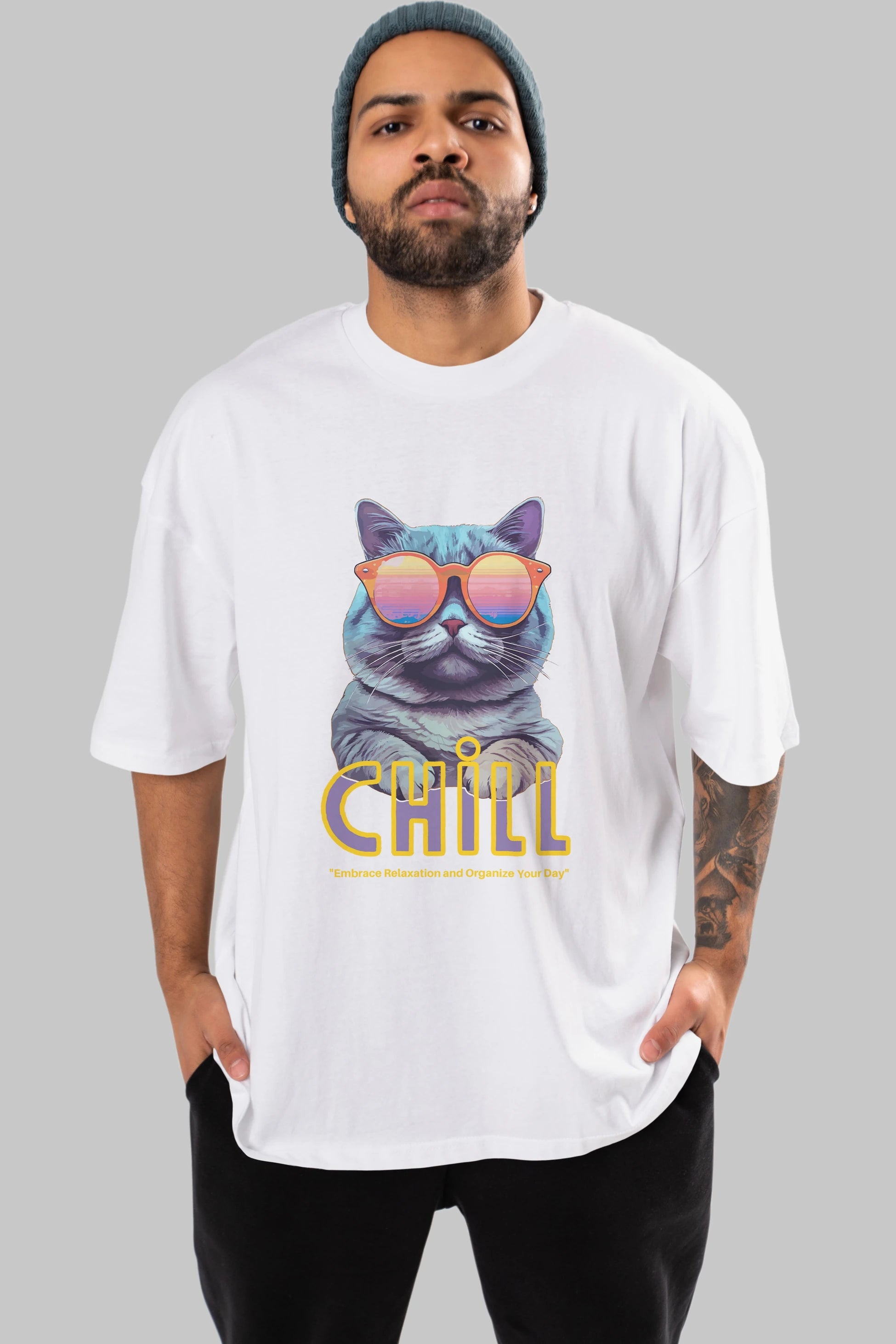 Chill Cat Ön Baskılı Oversize t-shirt Erkek Kadın Unisex
