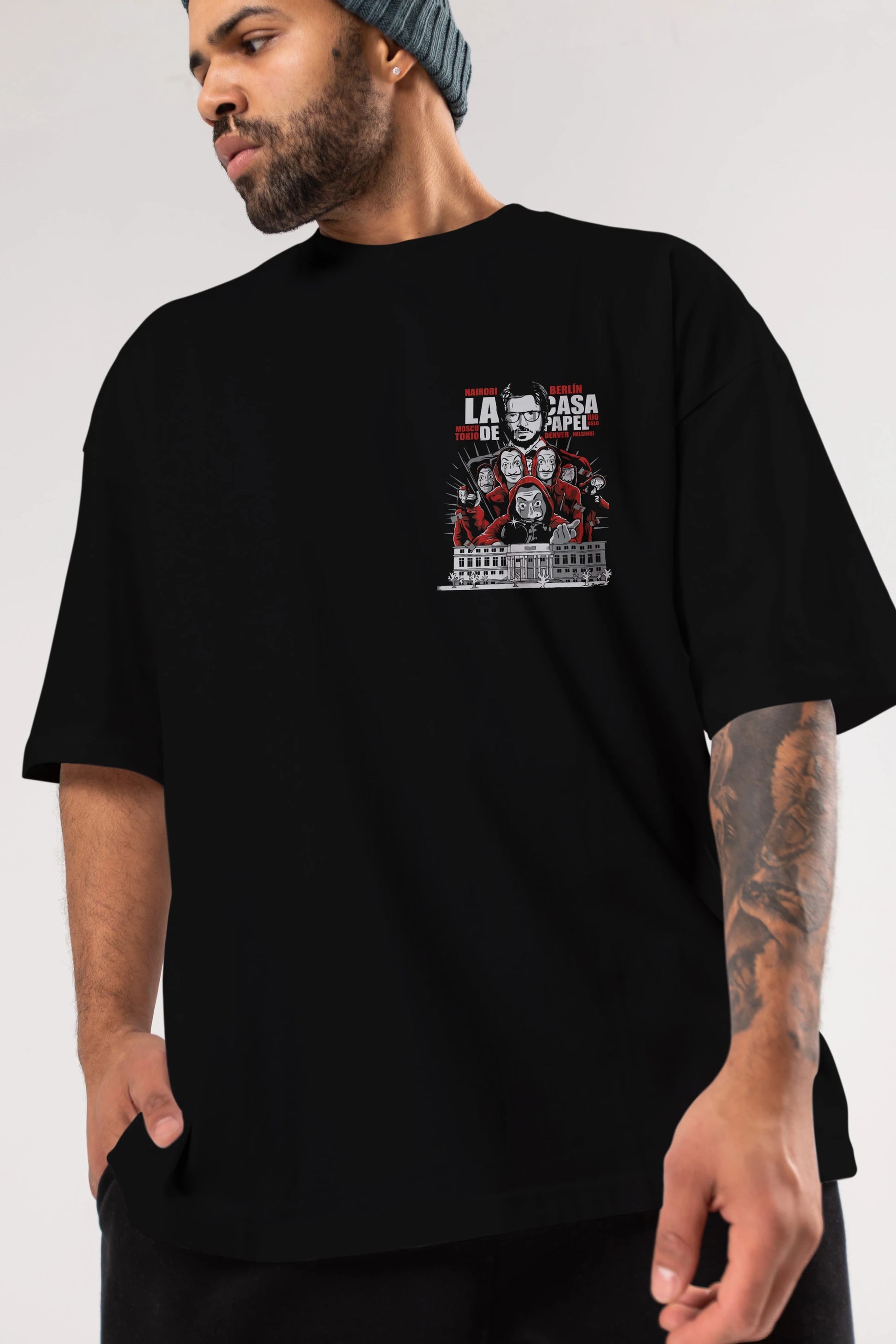 La Casa De Papel (2) Ön Sol Baskılı Oversize t-shirt Erkek Kadın Unisex %100 Pamuk Bisiklet Yaka tişort