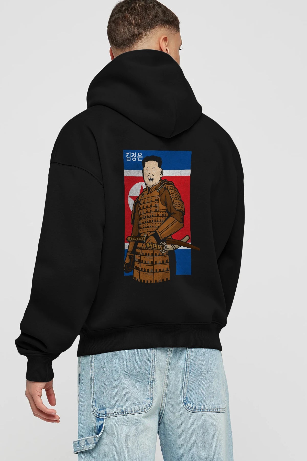 Samurai Jong Un Arka Baskılı Hoodie Oversize Kapüşonlu Sweatshirt Erkek Kadın Unisex
