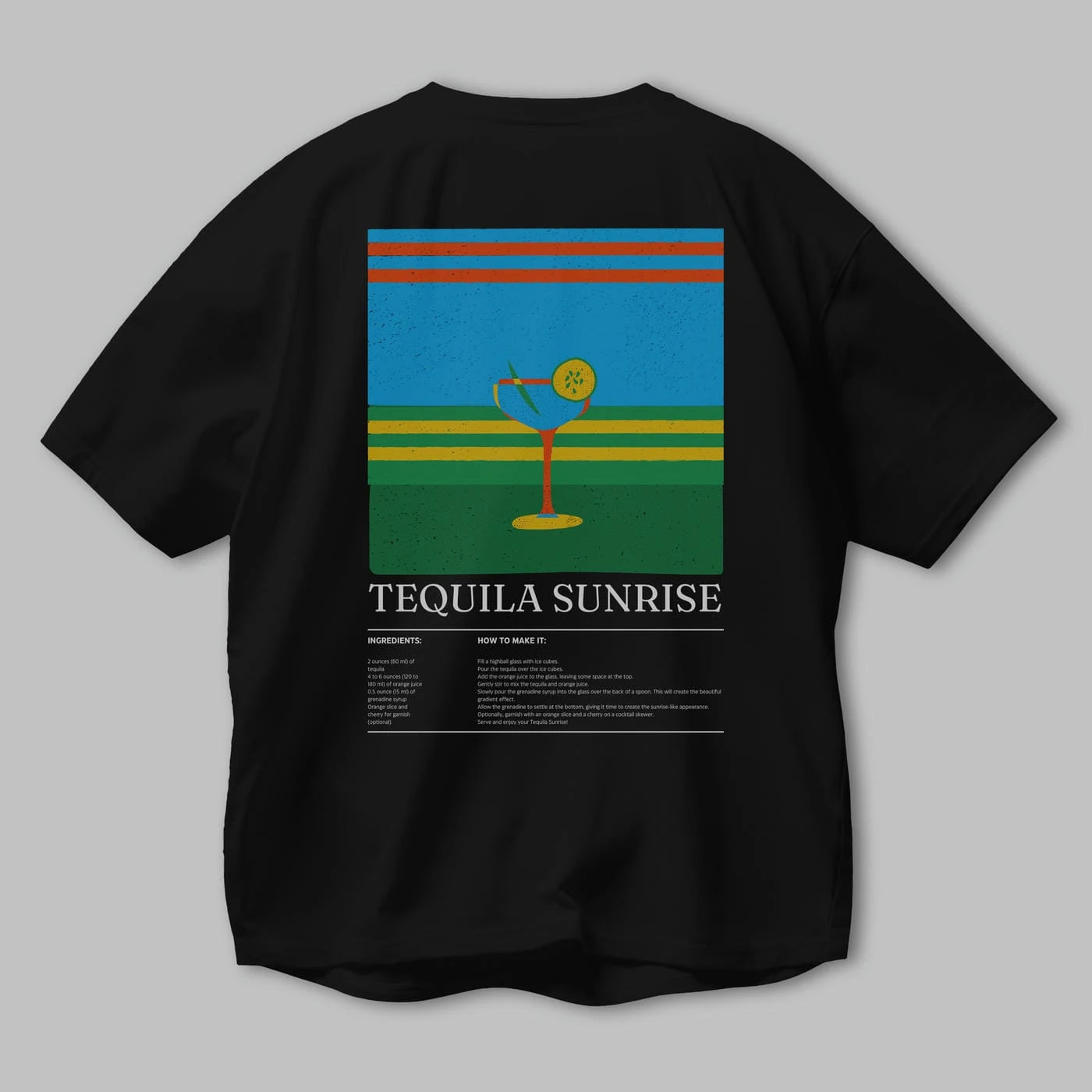 Tequila Sunrise Kokteyl Serisi Arka Baskılı Oversize t-shirt Erkek Kadın %100 Pamuk Bisiklet Yaka tişort