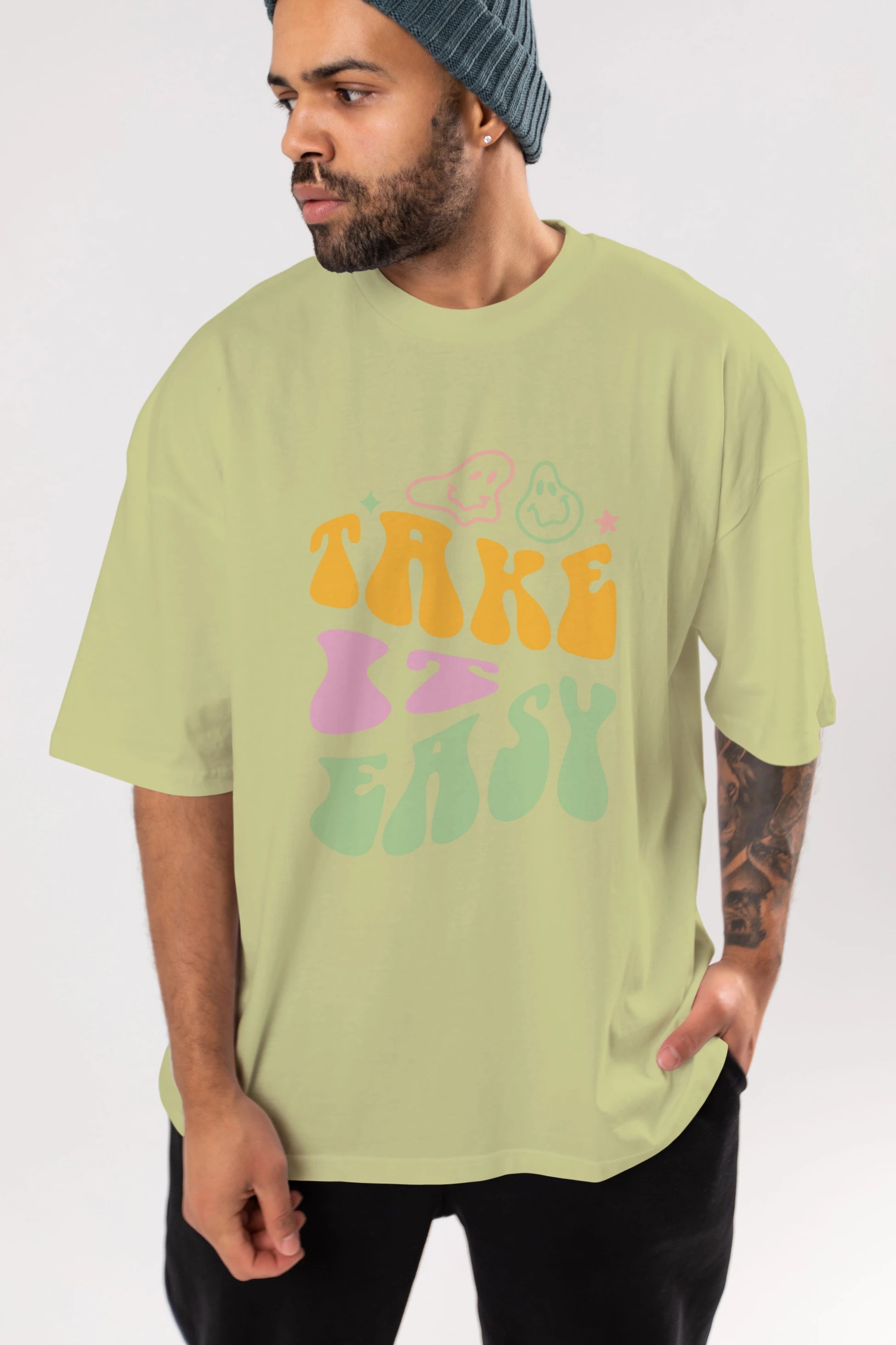 Take it Easy Yazılı Ön Baskılı Oversize t-shirt Erkek Kadın Unisex