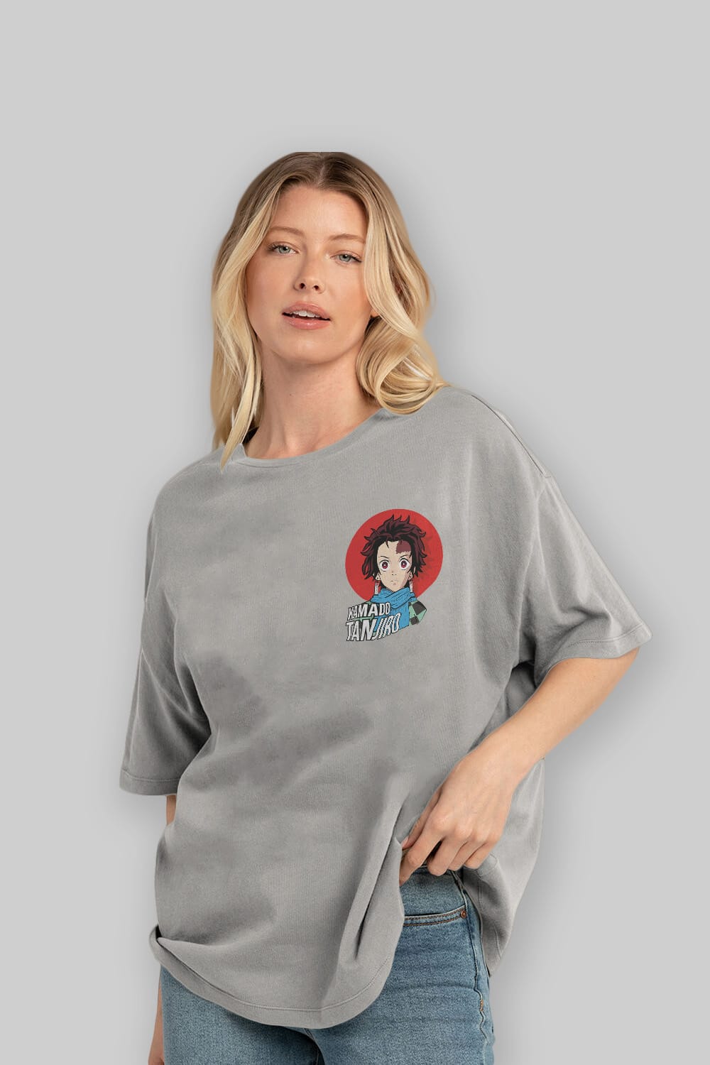 TANJIRO KAMADO Ön Sol Baskılı Oversize t-shirt Erkek Kadın Unisex %100 Pamuk Bisiklet Yaka tişort