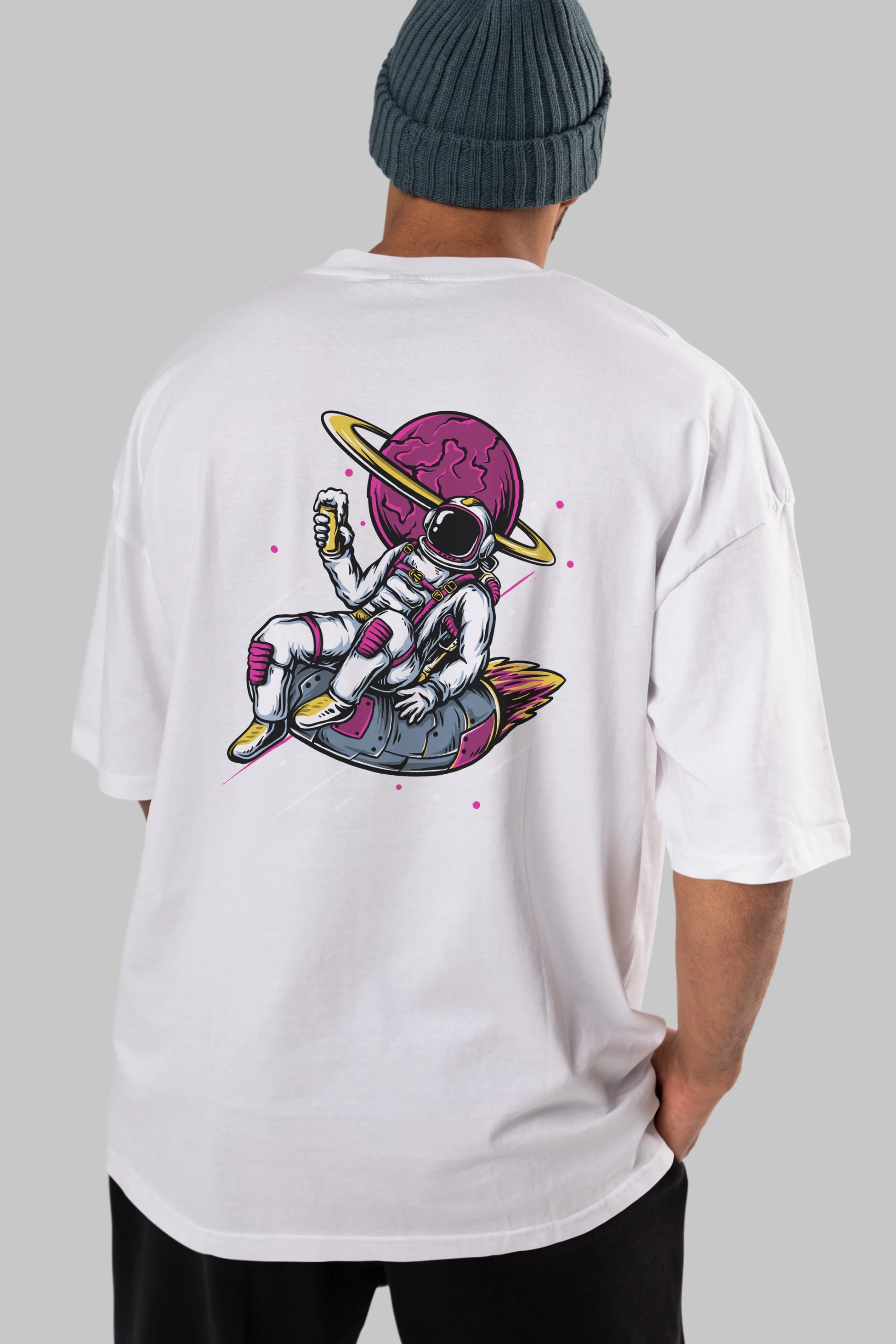 Astronaut Beer Arka Baskılı Oversize t-shirt Erkek Kadın Unisex