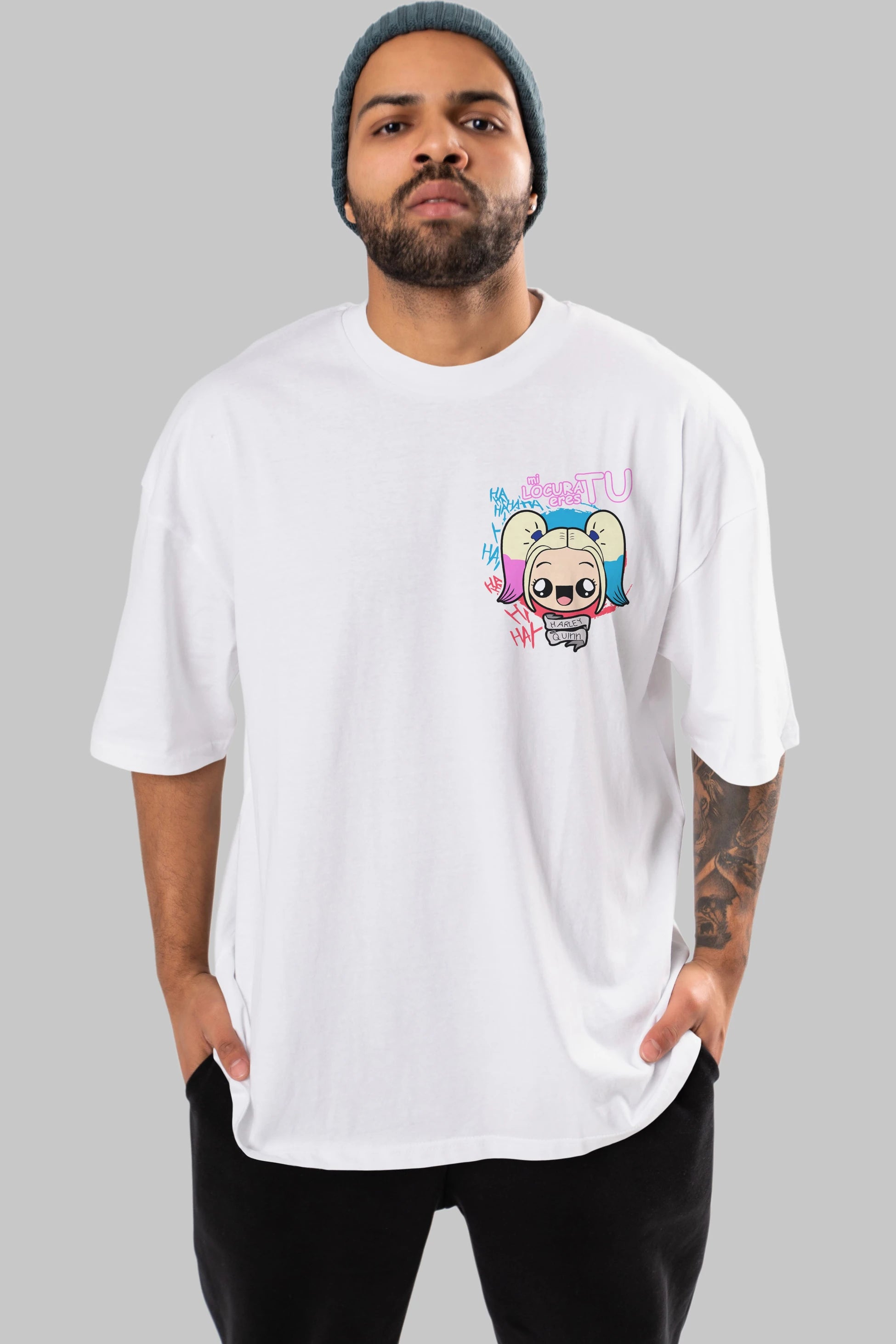 Harley Quinn Ön Sol Baskılı Oversize t-shirt Erkek Kadın Unisex %100 Pamuk Bisiklet Yaka tişort