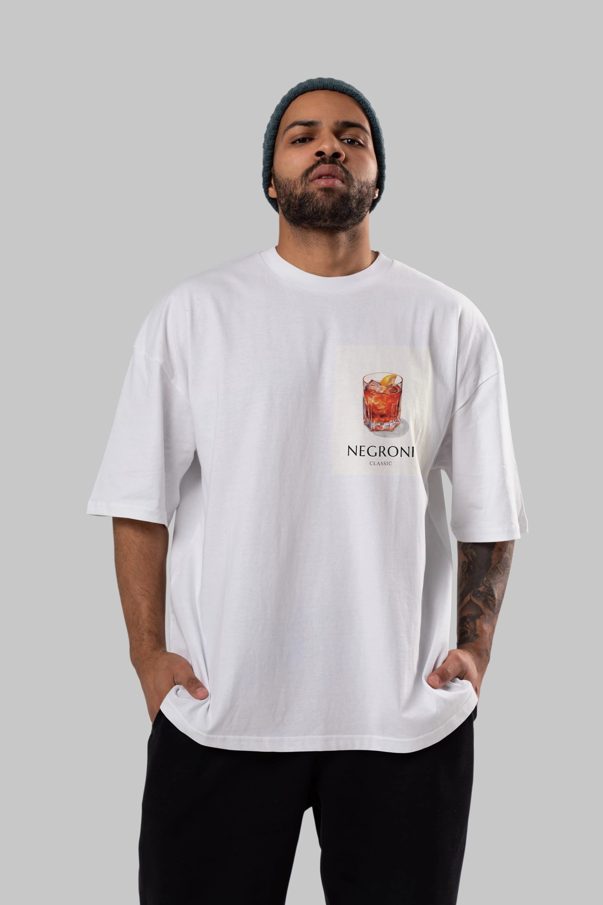 Negroni Classic Ön Sol Baskılı Oversize t-shirt Erkek Kadın Unisex %100 Pamuk Bisiklet Yaka tişort