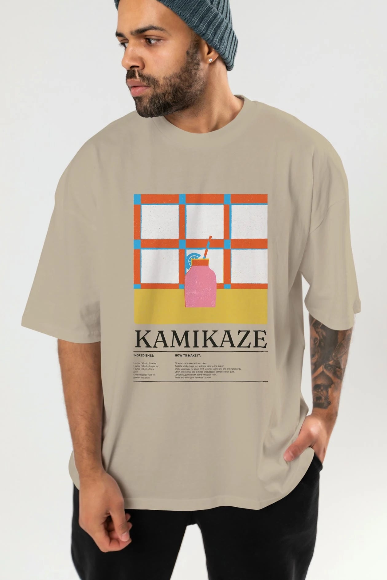 Kamikaze Kokteyl Ön Baskılı Oversize t-shirt Erkek Kadın %100 Pamuk Bisiklet Yaka tişort