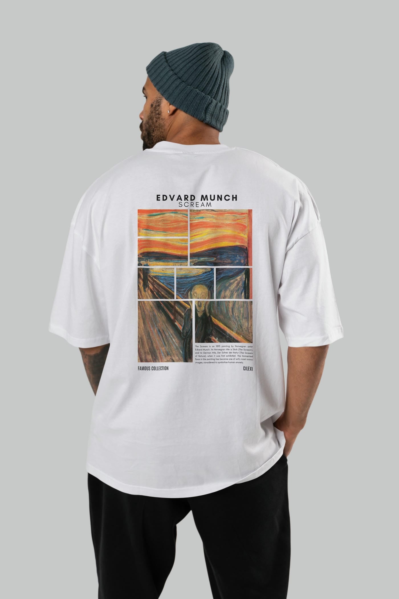 Edvard Munch Scream Arka Baskılı Oversize t-shirt Erkek Kadın Bisiklet Yaka Pamuk tişort