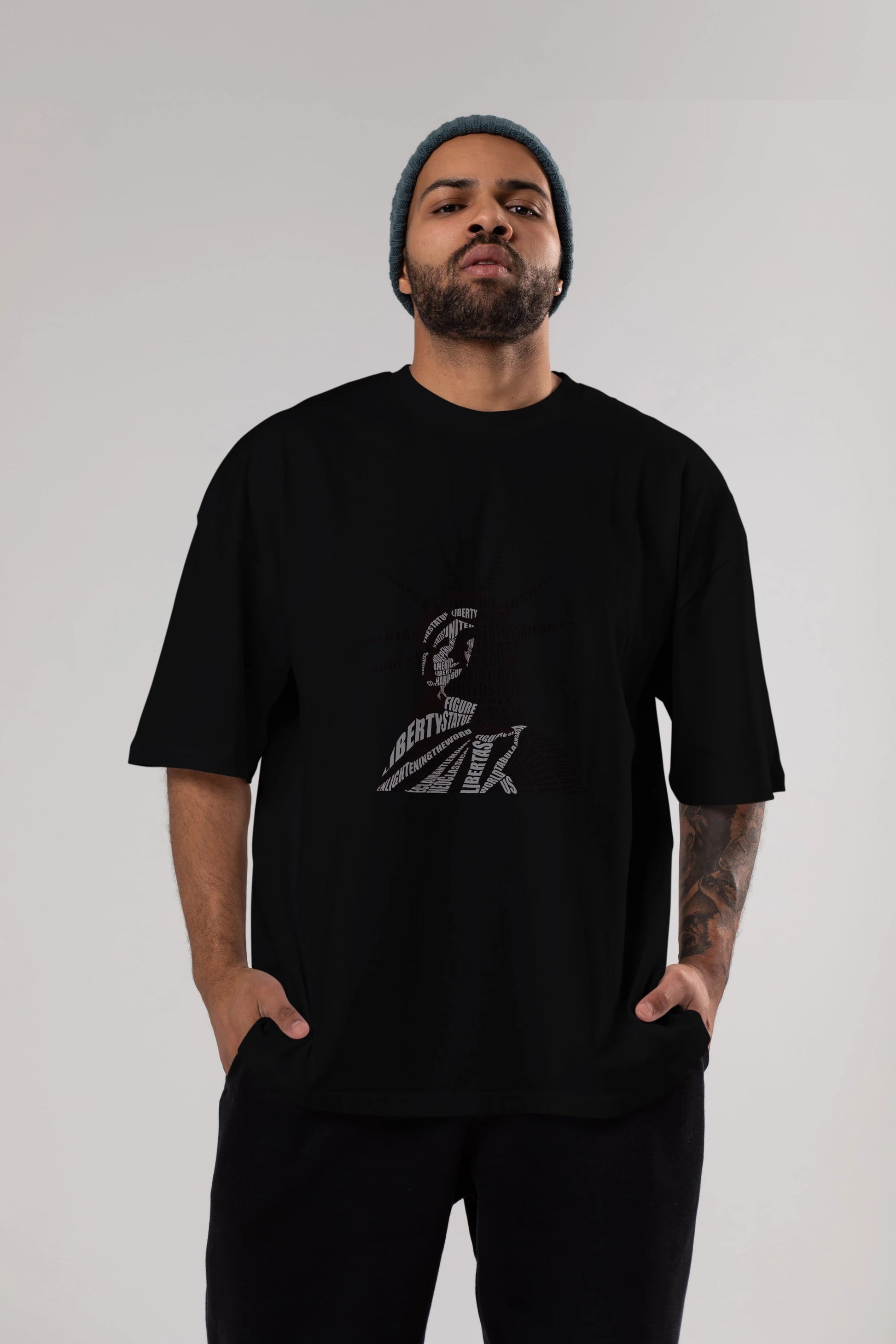 Liberty Statue Calligram Ön Baskılı Oversize t-shirt %100 pamuk Erkek Kadın Unisex