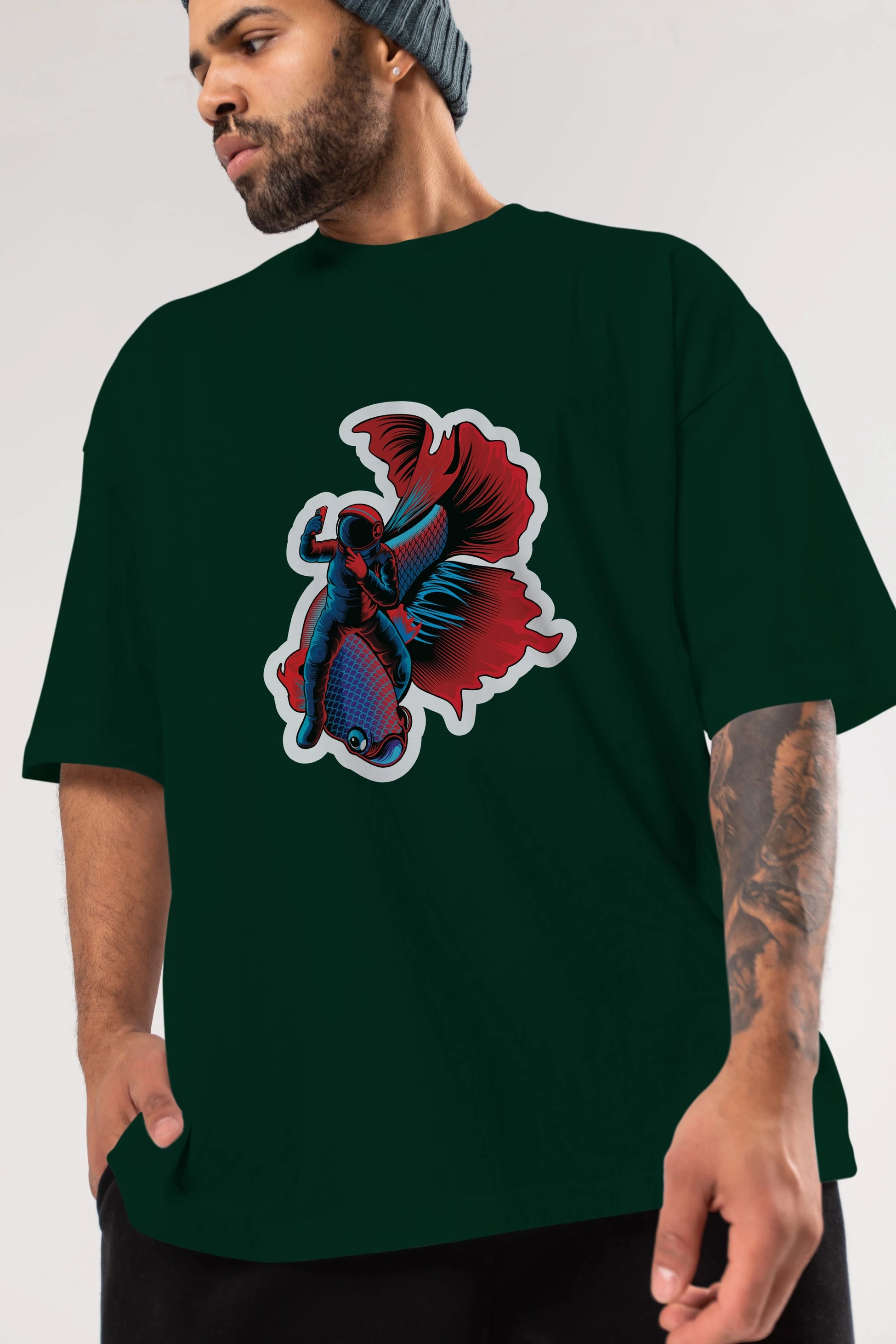 Astrofish selfie sticker Ön Baskılı Oversize t-shirt Erkek Kadın Unisex