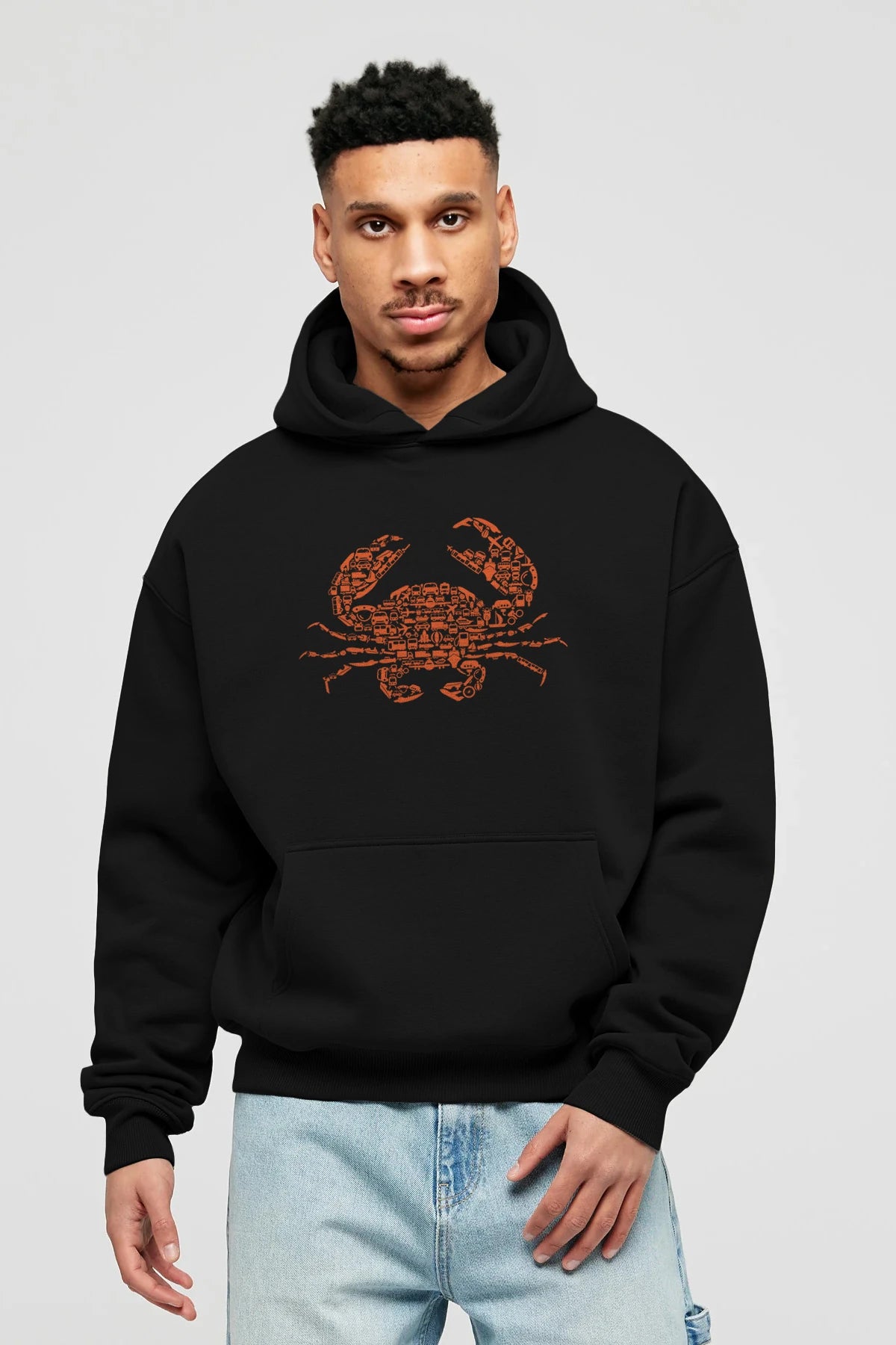 Crab Ön Baskılı Hoodie Oversize Kapüşonlu Sweatshirt Erkek Kadın Unisex