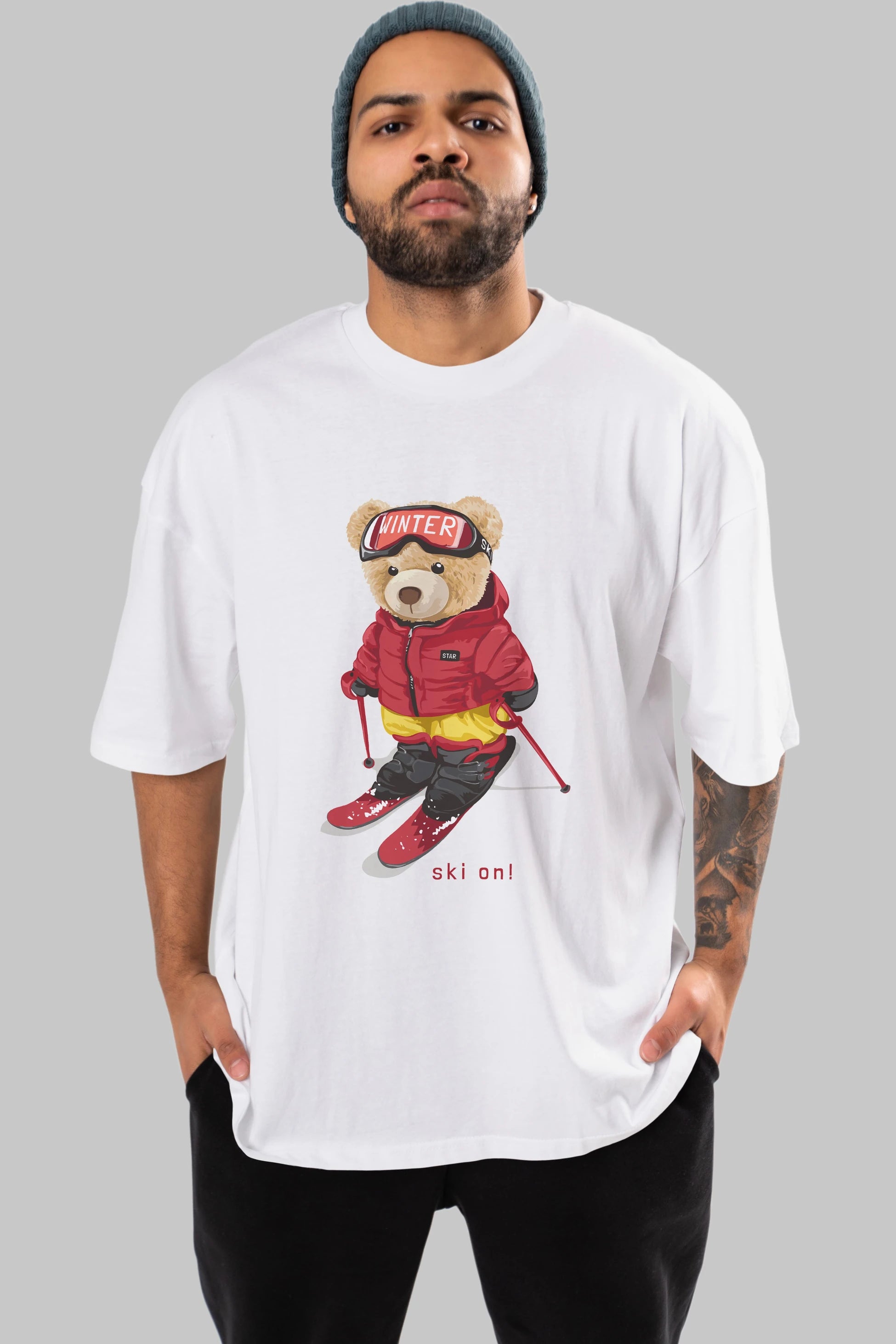 Teddy Bear Ski On Ön Baskılı Oversize t-shirt Erkek Kadın Unisex %100 Pamuk
