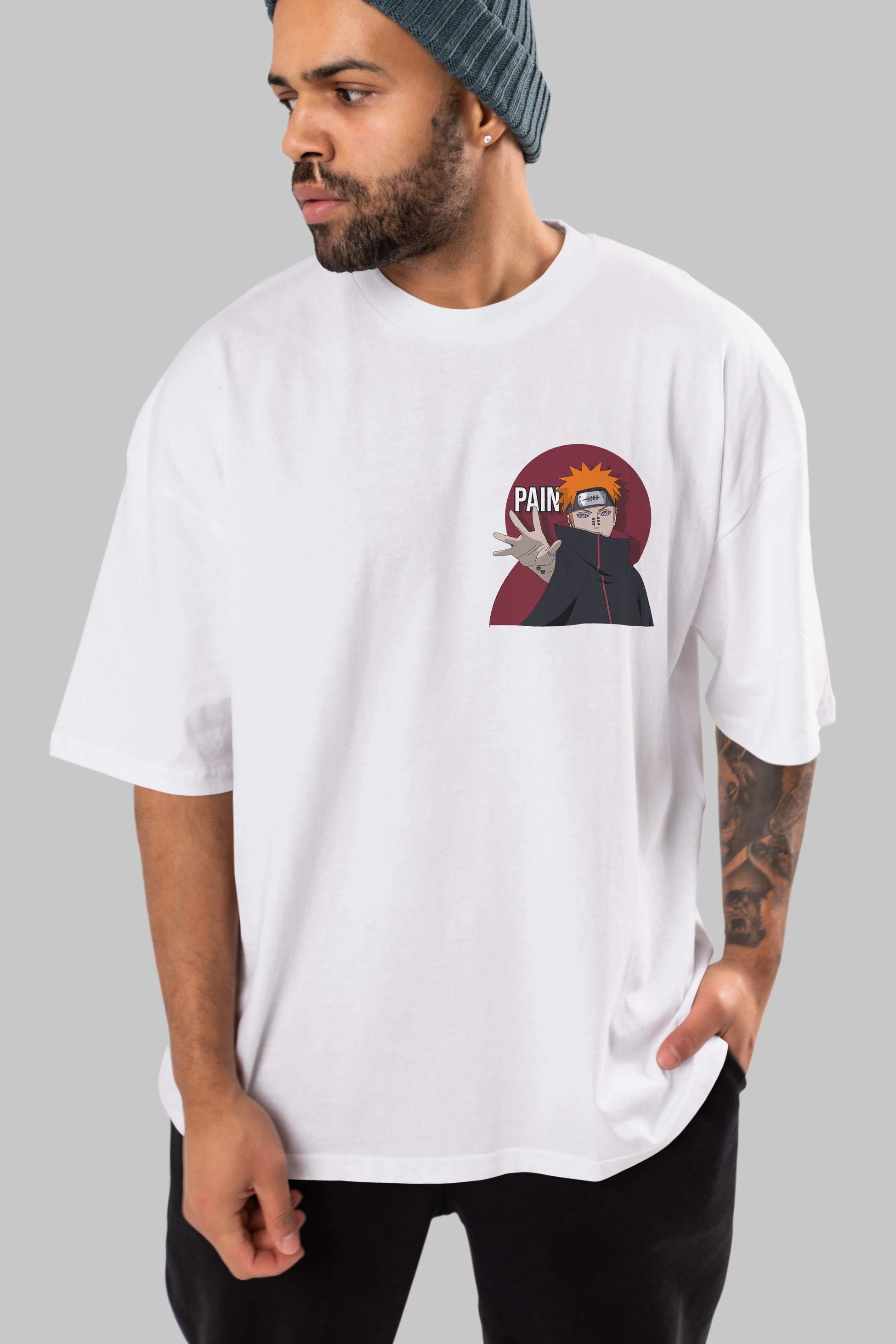 PAIN NARUTO Ön Sol Baskılı Oversize t-shirt Erkek Kadın Unisex %100 Pamuk Bisiklet Yaka tişort