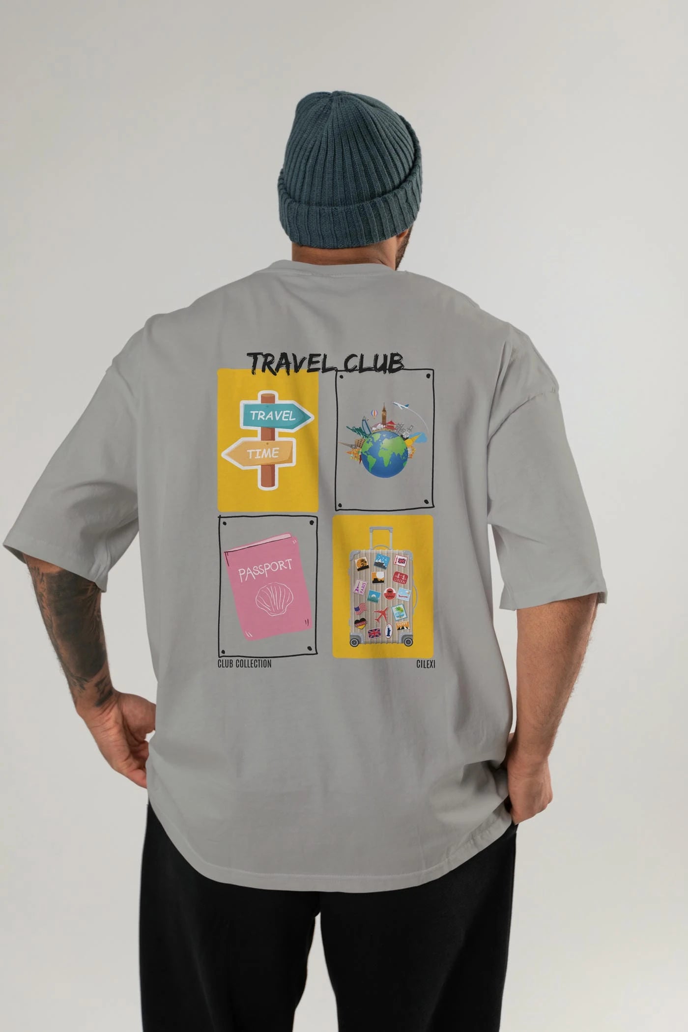 Travel Club Arka Baskılı Oversize t-shirt Erkek Kadın %100 Pamuk Bisiklet Yaka tişort
