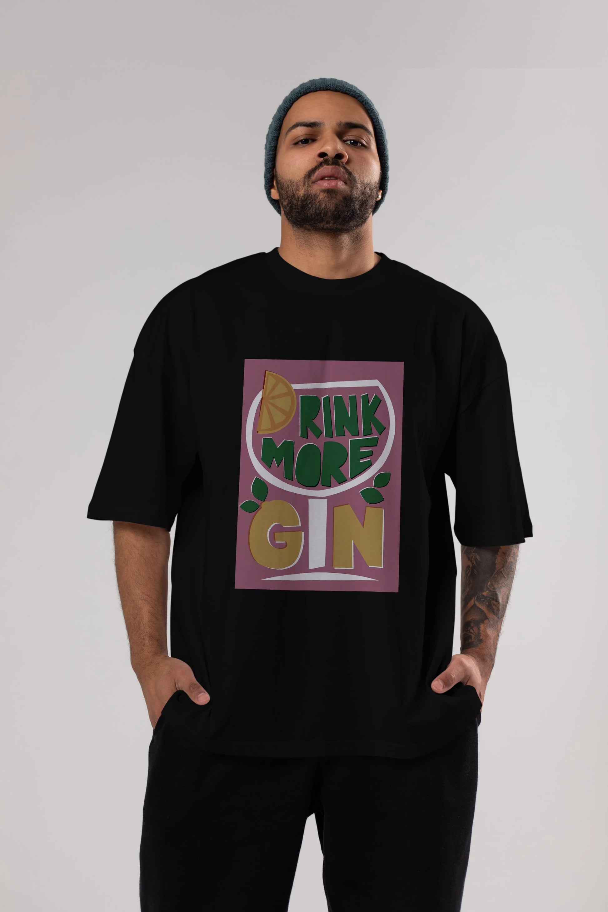 Drink More Gin Ön Baskılı Oversize t-shirt Erkek Kadın Unisex %100 Pamuk Bisiklet Yaka tişort
