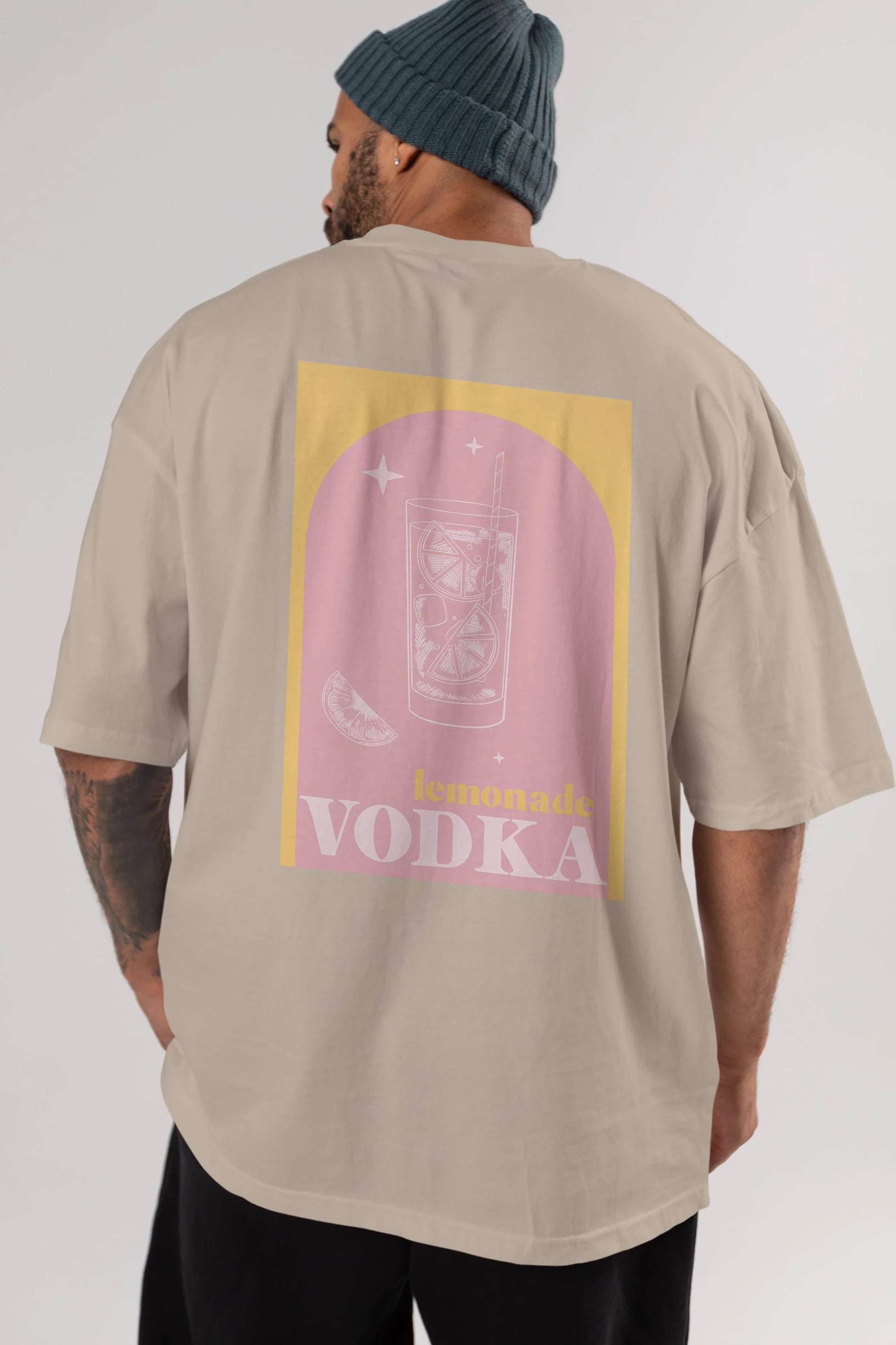 Vodka Limon Arka Baskılı Oversize t-shirt Erkek Kadın Unisex %100 Pamuk Bisiklet Yaka tişort