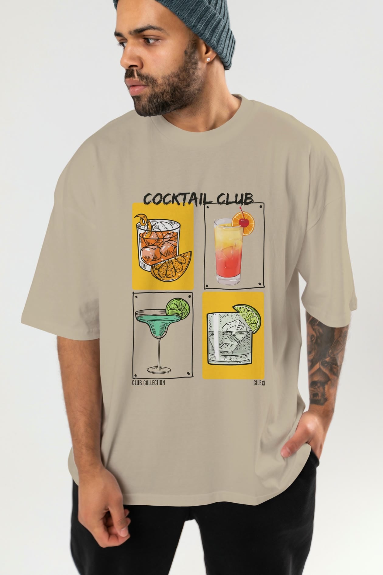 Cocktail Club ön Baskılı Oversize t-shirt Erkek Kadın %100 Pamuk Bisiklet Yaka tişort